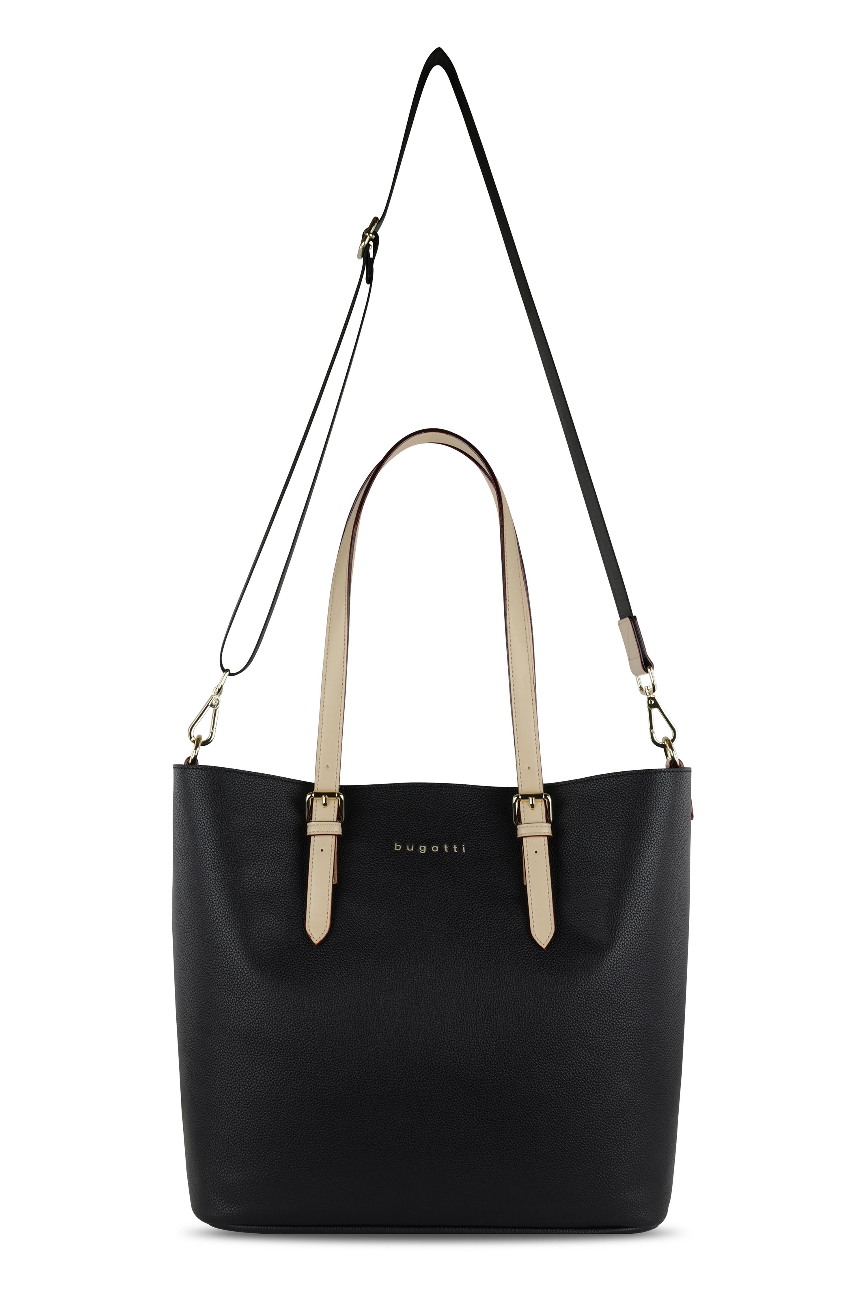 Schwarze bugatti Tasche mit beigen Riemen, elegante Büstenansicht.