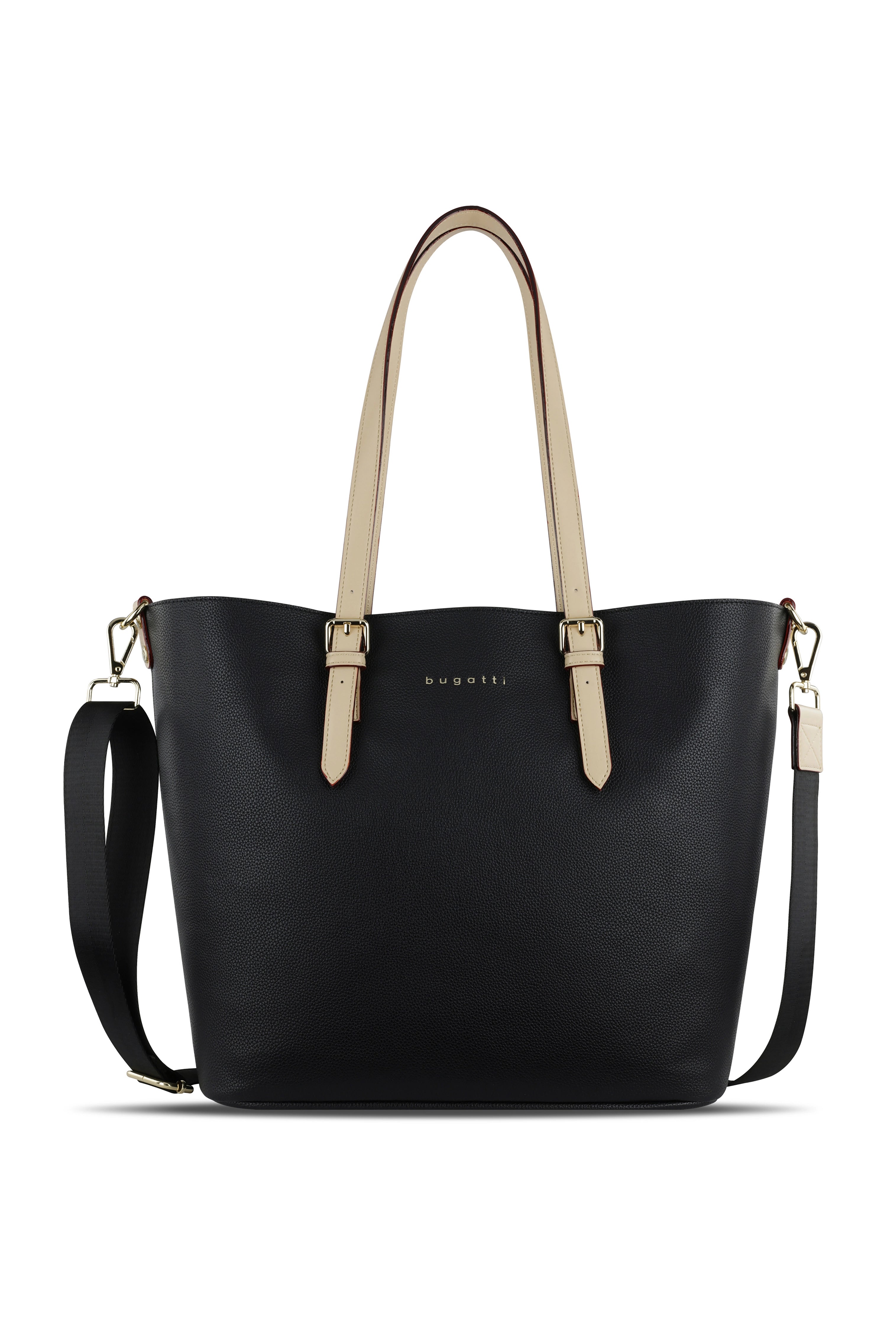 Schwarze bugatti Handtasche mit beigen Henkeln und Schulterriemen, Büstenbild.