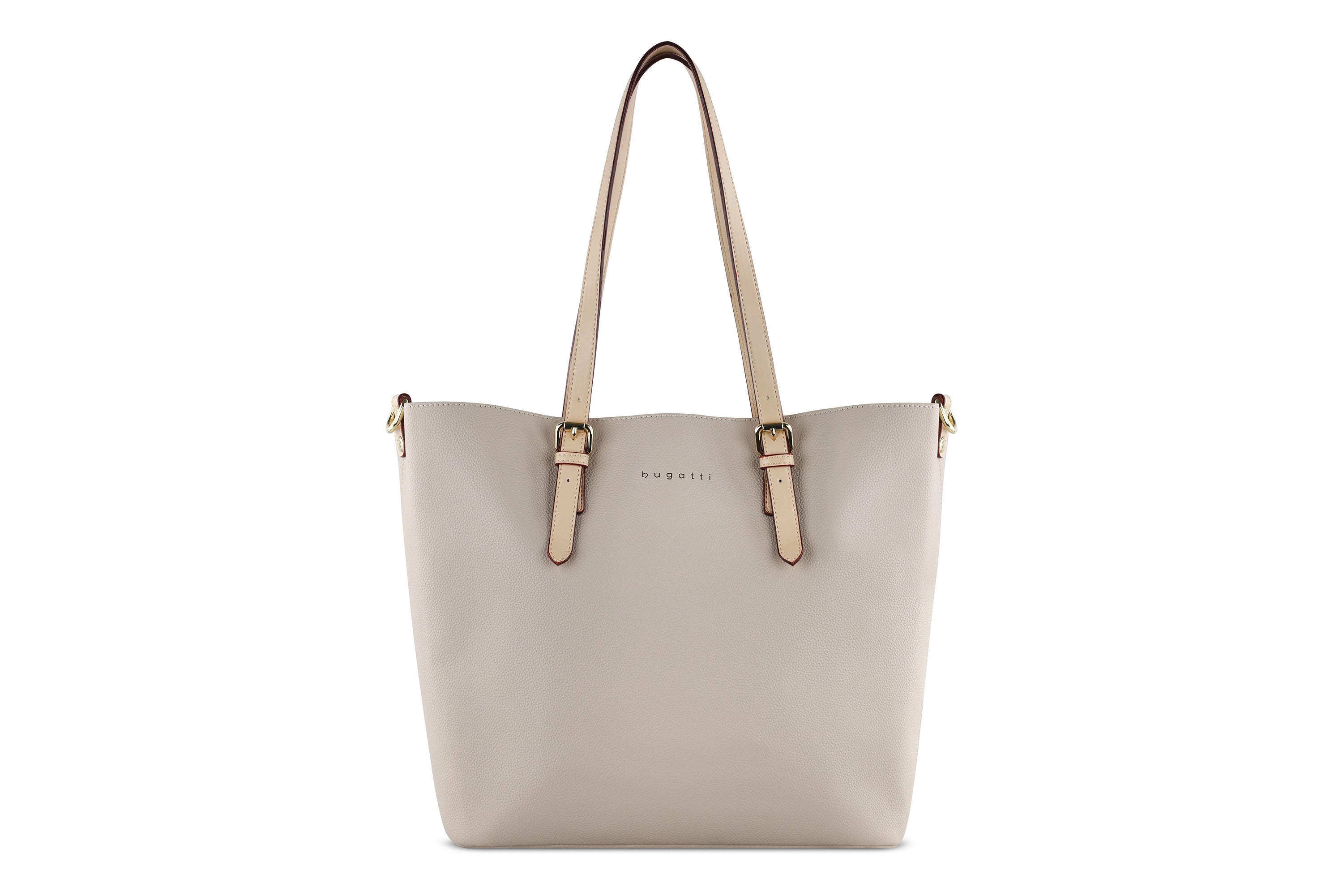 Elegante bugatti Tasche in Beige, Büstenaufnahme, minimalistisches Design, ideal für stilvolle Outfits.