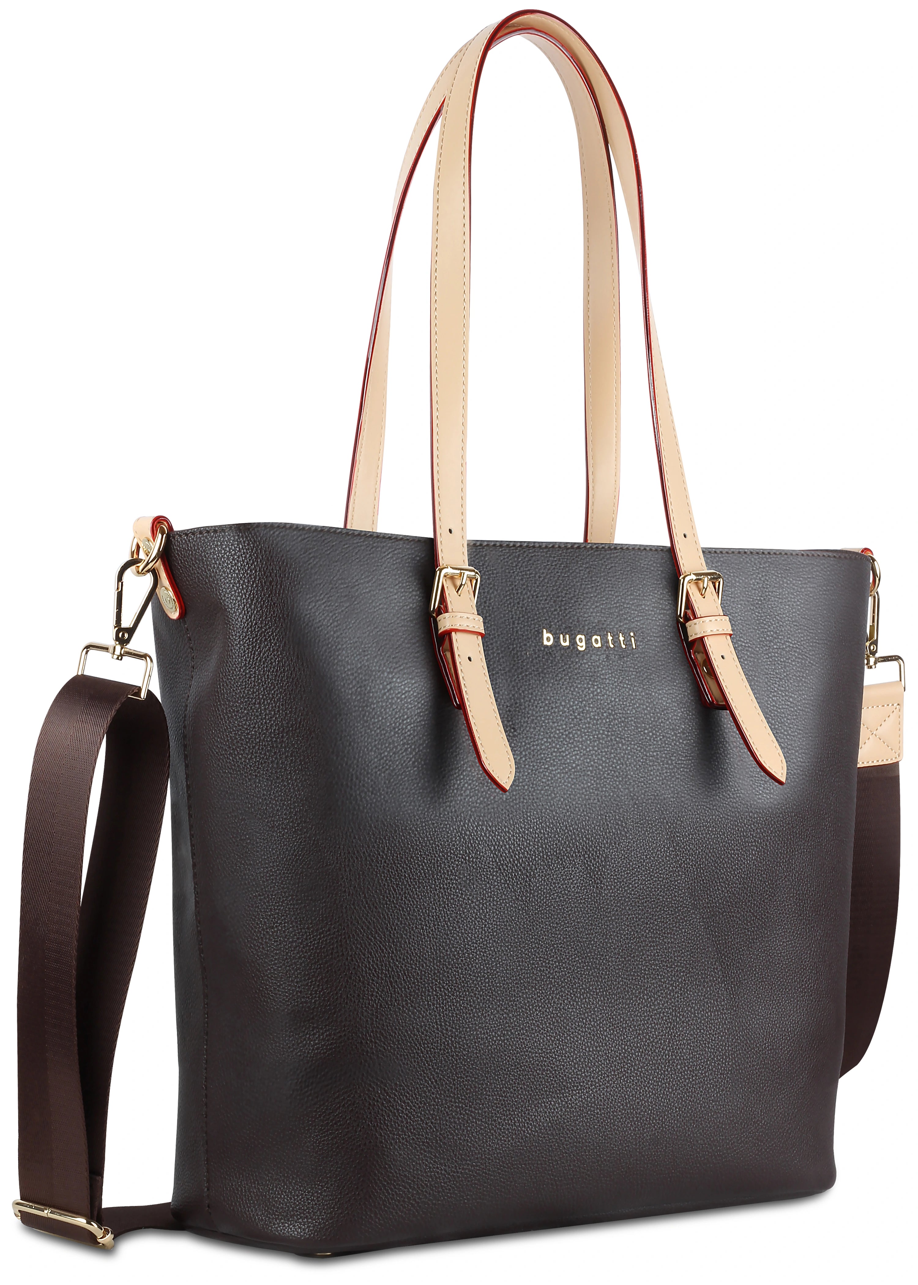 bugatti schwarze Lederhandtasche mit beigen Griffen, goldene Details