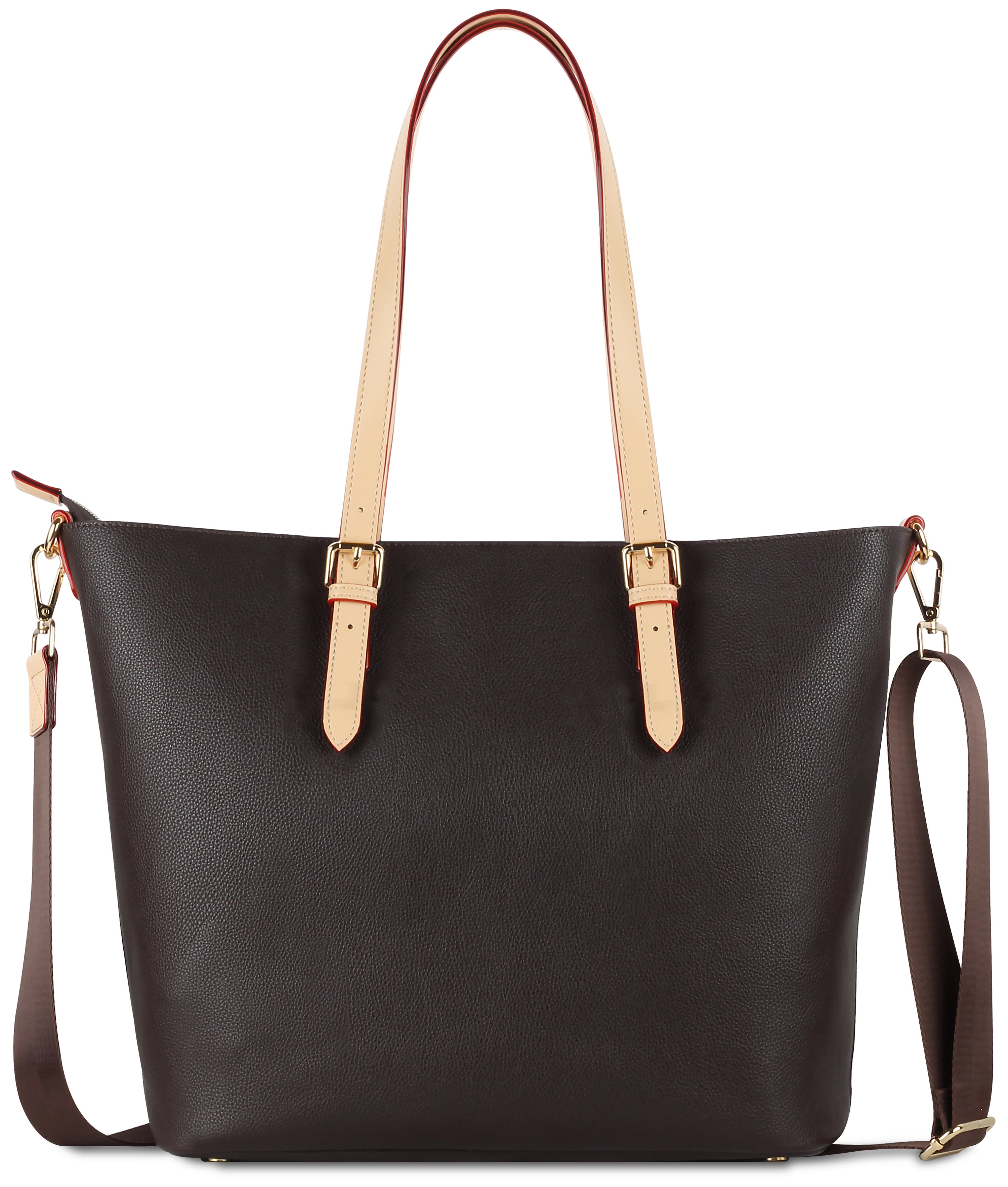 bugatti braune Ledertasche mit beigen Henkeln und abnehmbarem Schulterriemen, Produktbild.