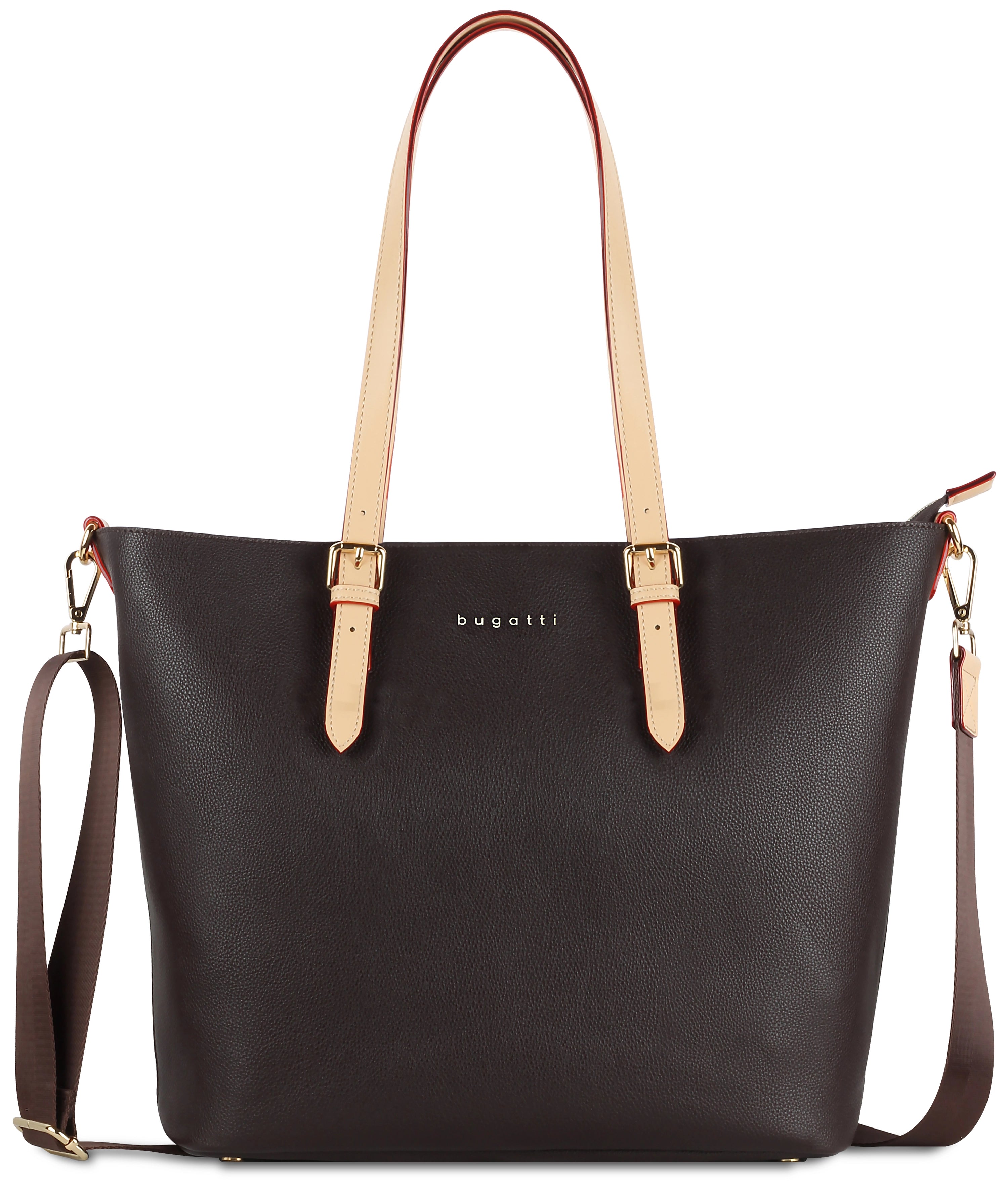bugatti Tasche, dunkelbraun, Leder, mit beigen Trägern und abnehmbarem Schulterriemen, Büstenbild.