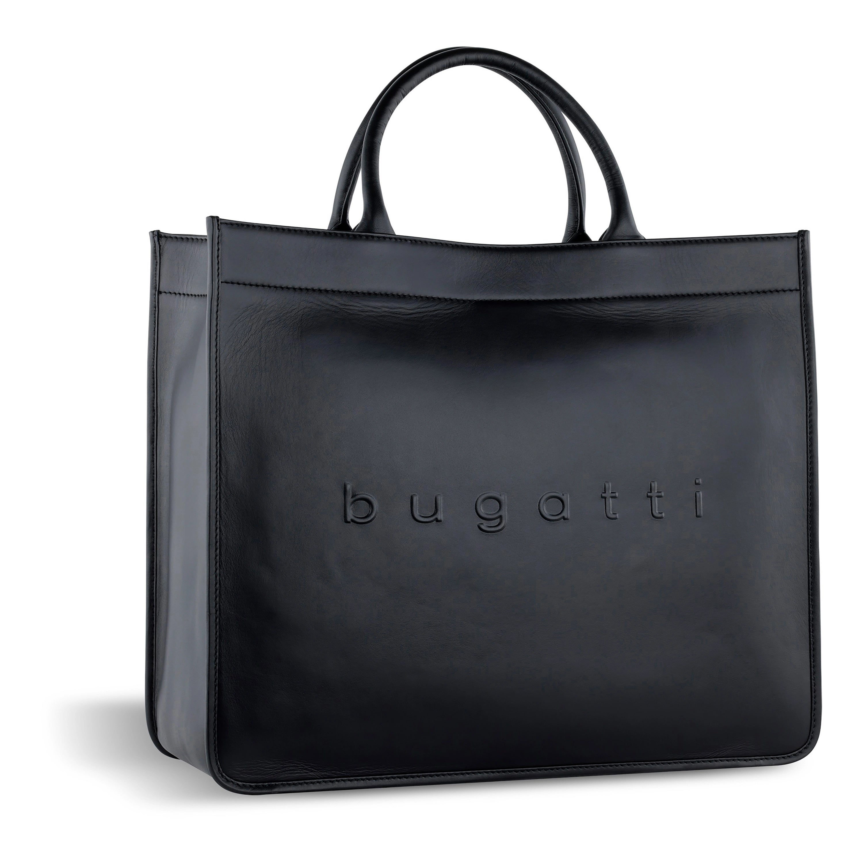 Luxuriöse schwarze bugatti Tasche aus hochwertigem Leder, Büstenbildansicht.