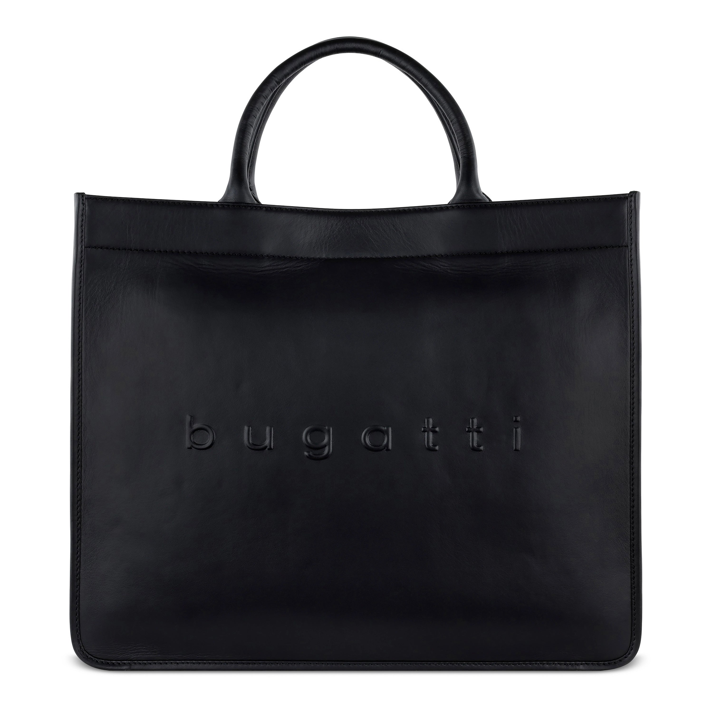 Schwarze bugatti Ledertasche, schlichtes Design, Büstenbild.