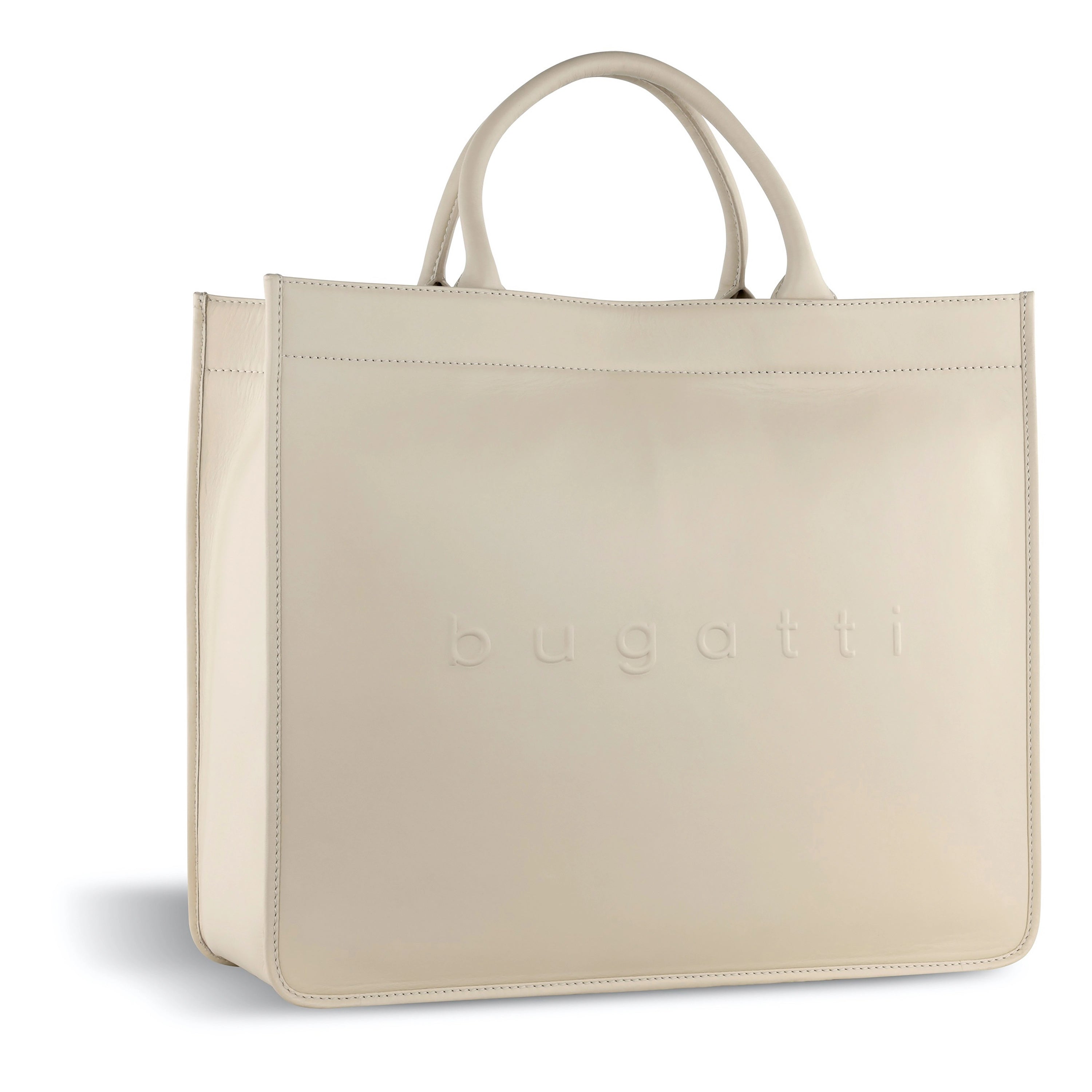 Beige bugatti Ledertasche mit geprägtem Logo, minimalistisches Design.