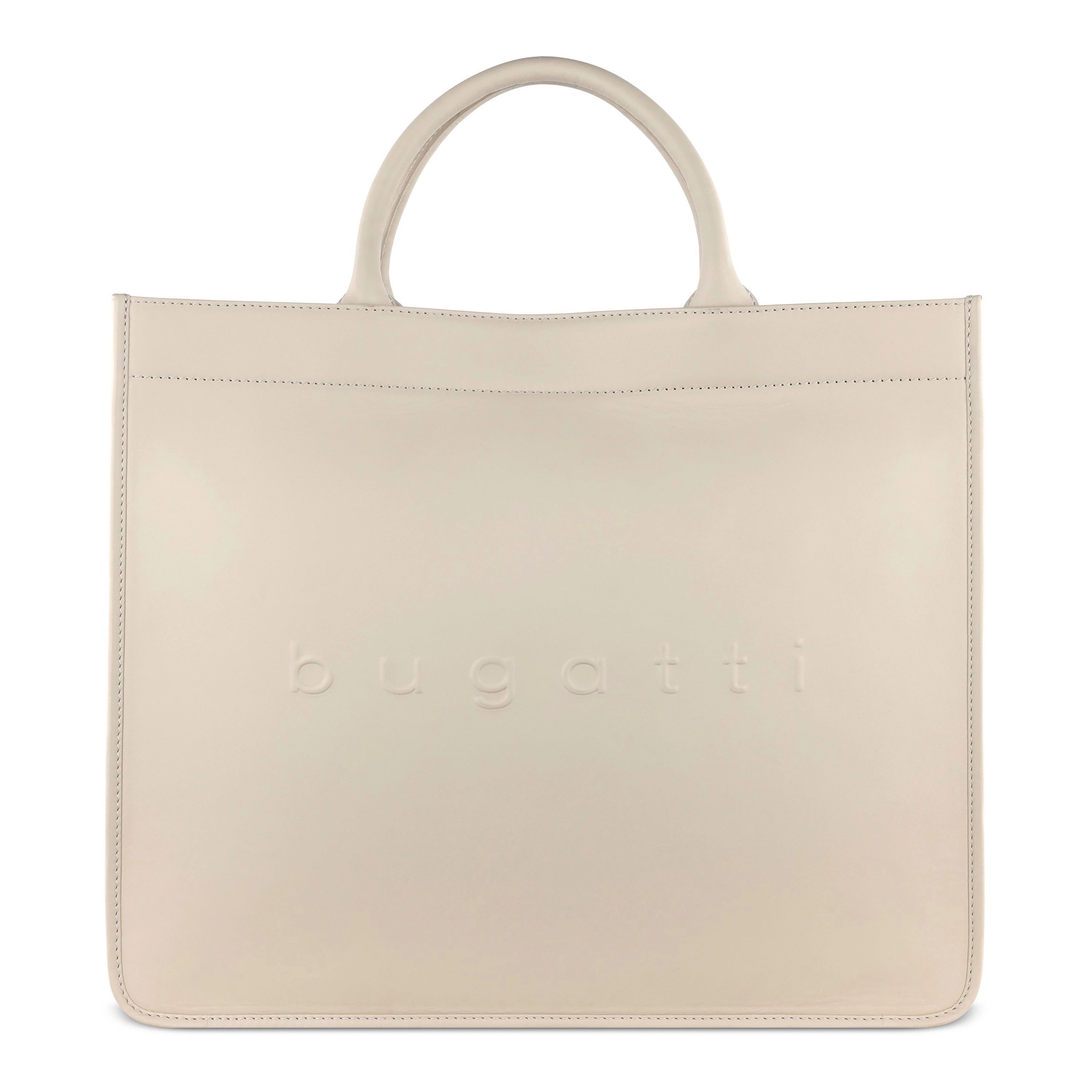 Beige bugatti Tasche mit Logo, elegantes Design, Büstenbild.