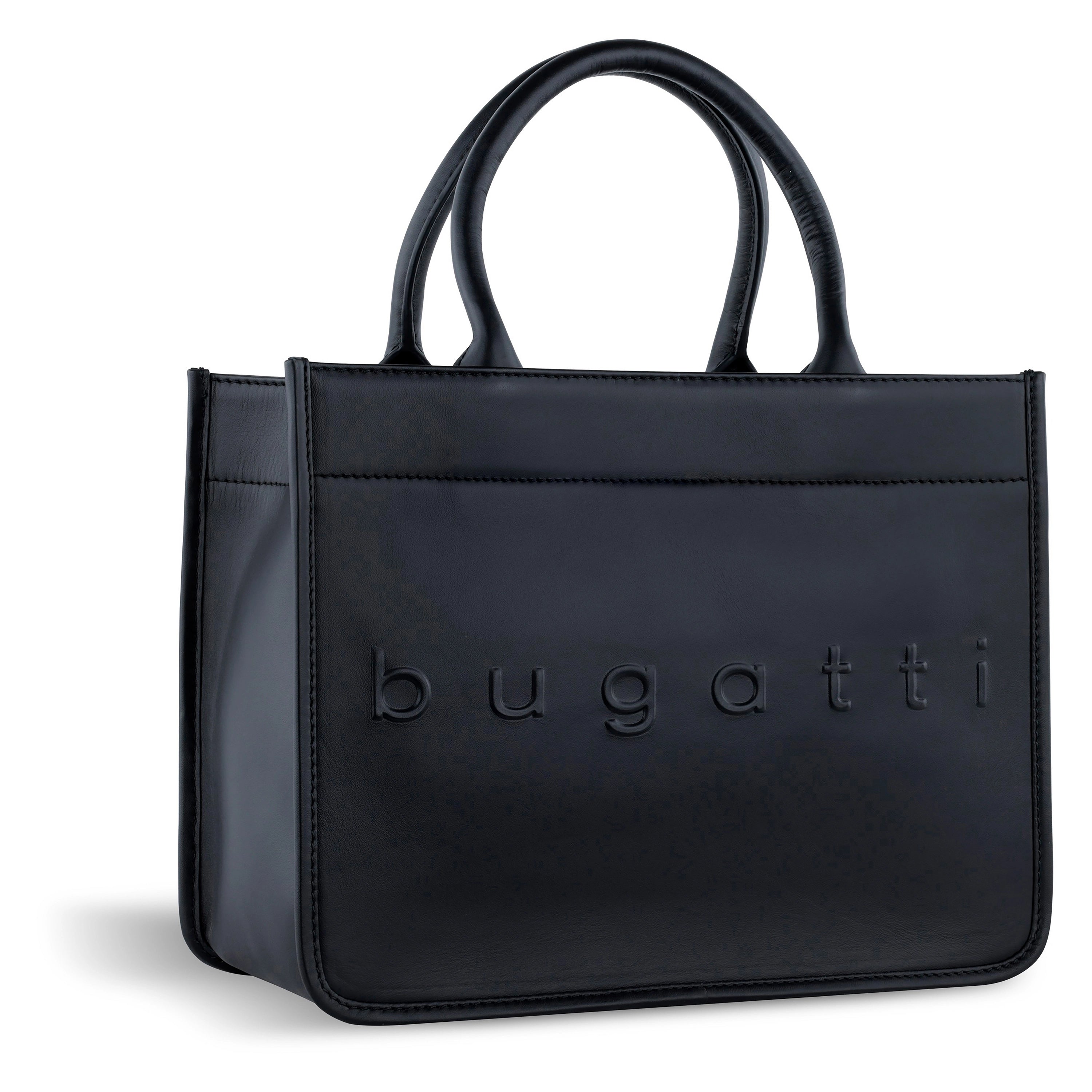 Schwarze bugatti Handtasche mit geprägtem Logo, schlichtes Design, hochwertige Verarbeitung.