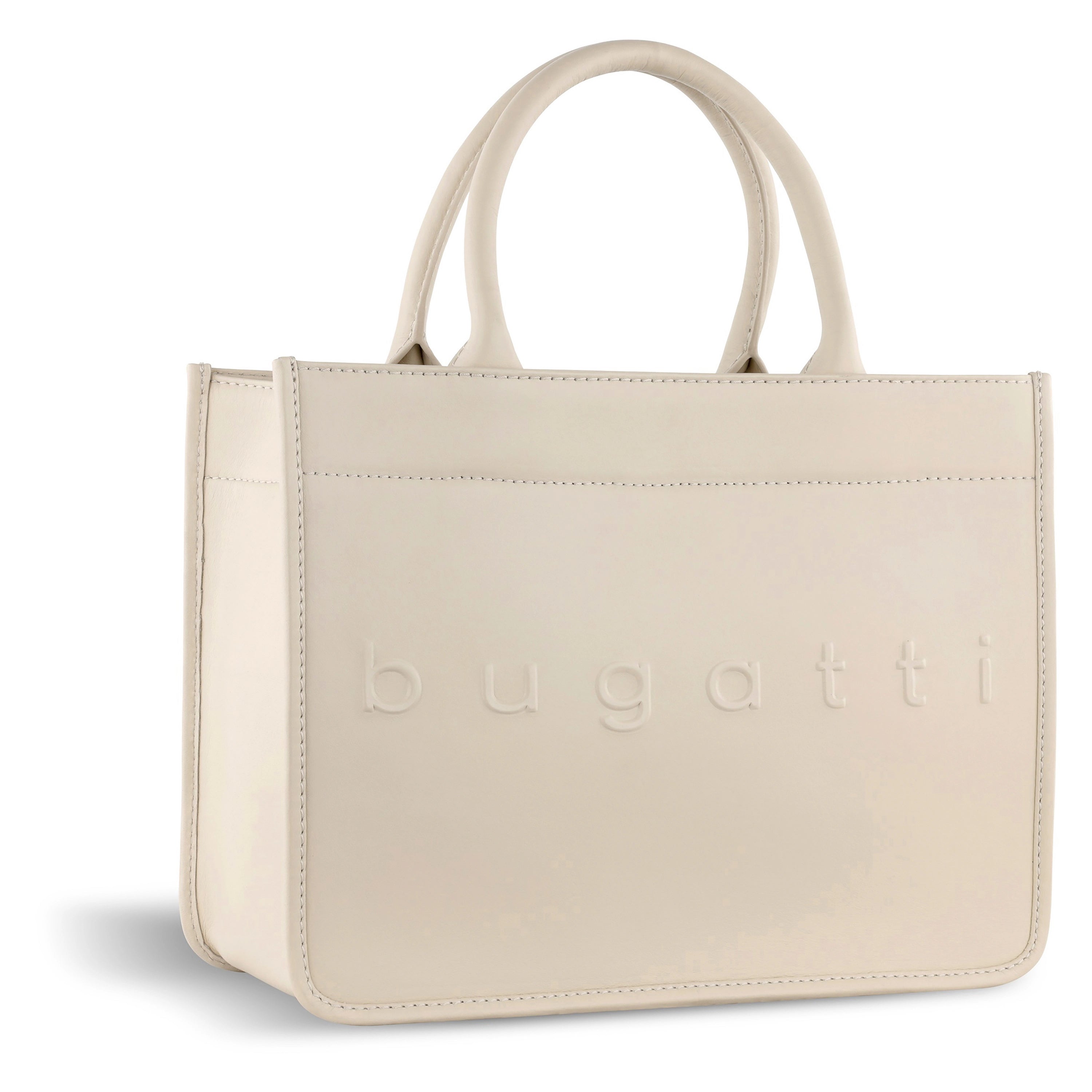 Elegante bugatti Handtasche in Creme, Büstenbild, minimalistisch und stilvoll.