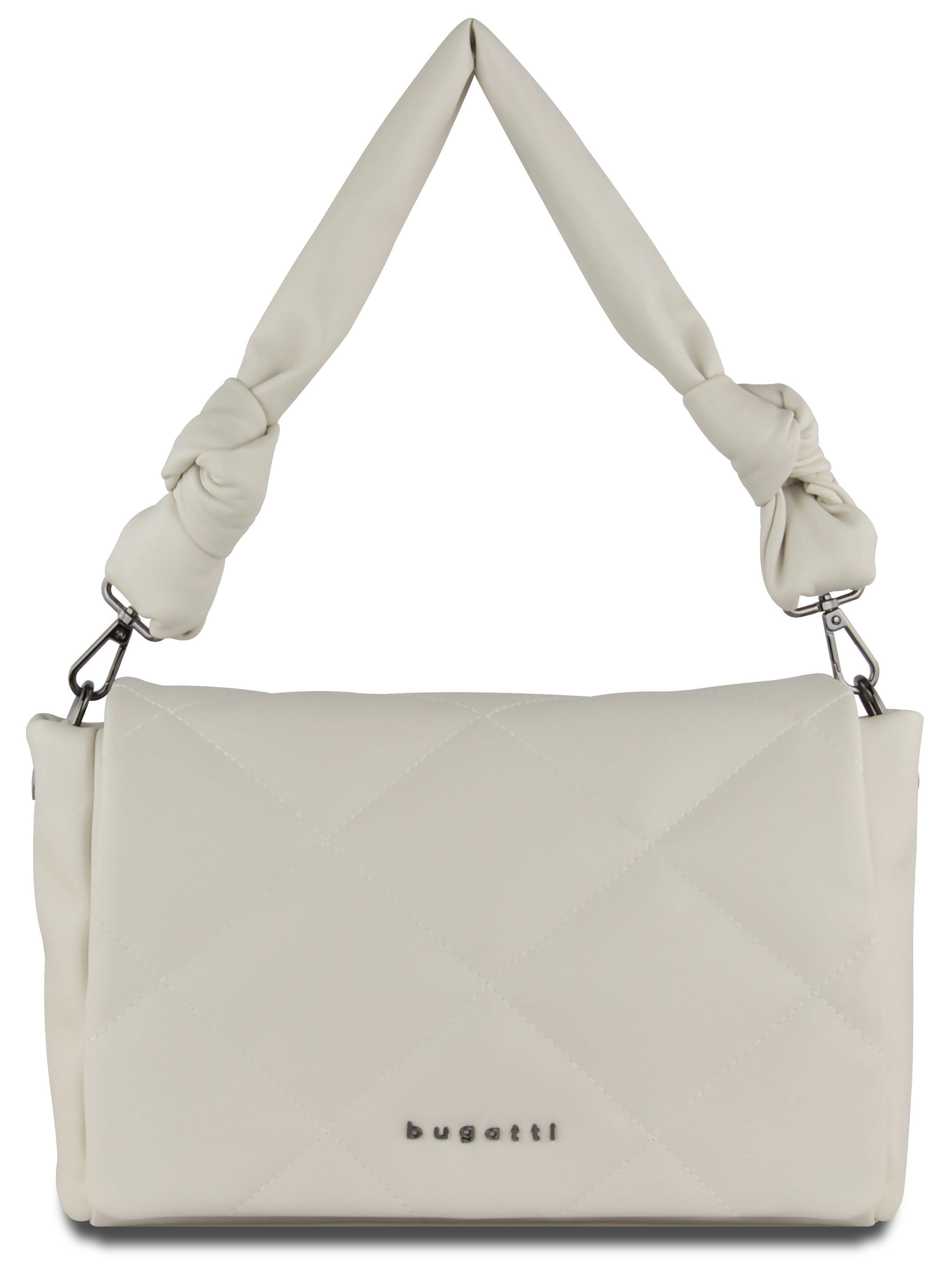 Beige bugatti Handtasche mit geflochtenem Henkel, Büstenbild.