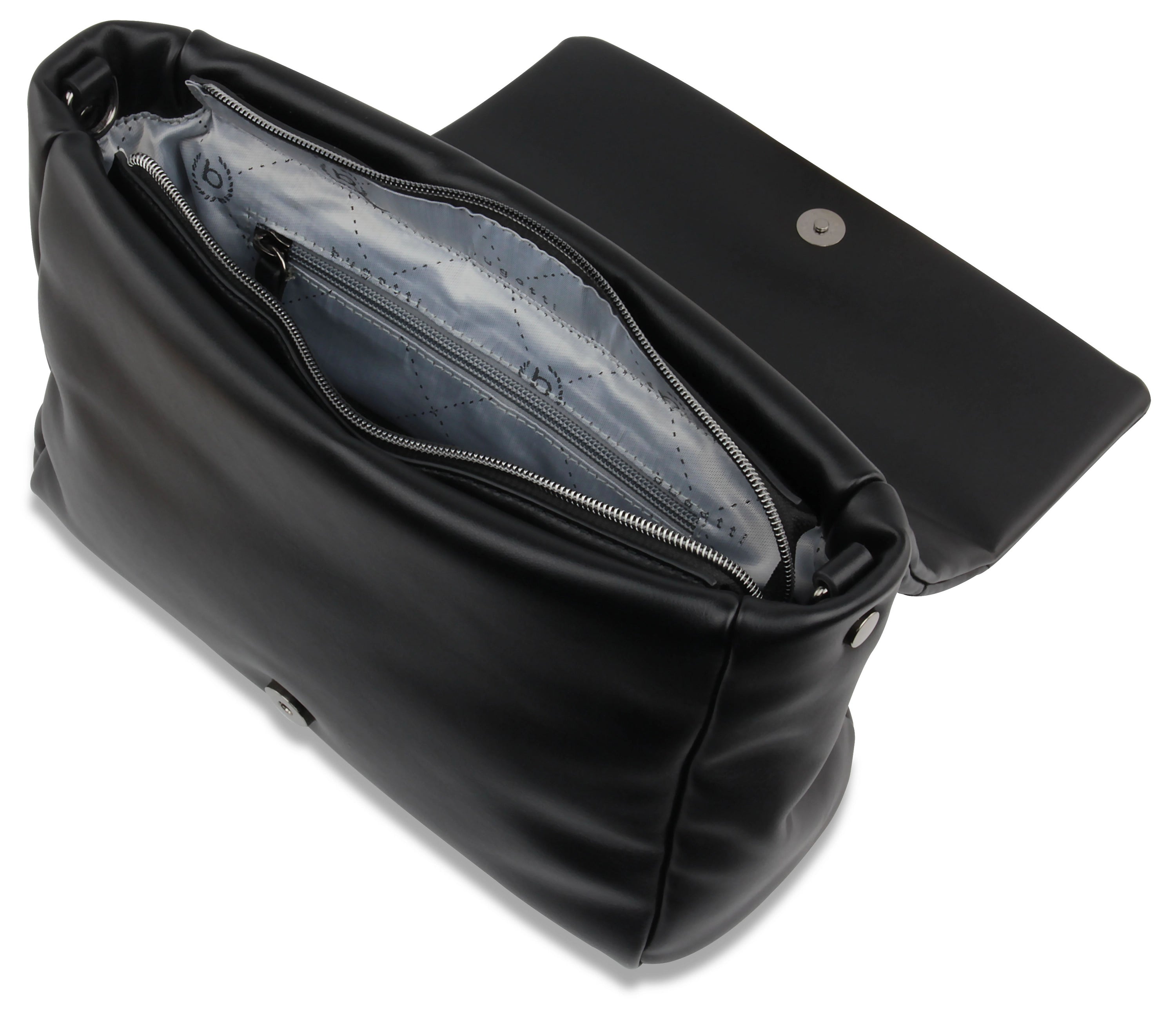Schwarze bugatti Tasche, Büstenbild, offene Ansicht, elegantes Design.