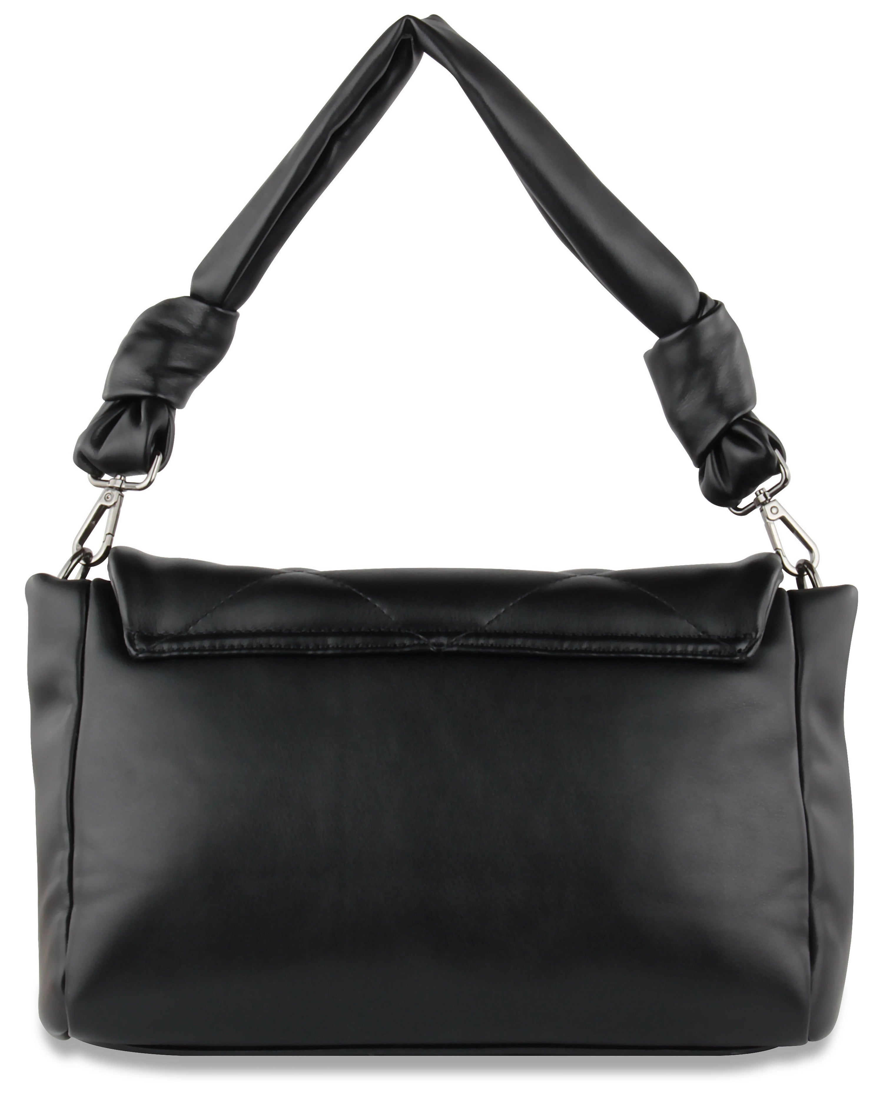 Schwarze bugatti Handtasche, Lederoptik, Knotengriff, klassisches Design, Büstenbild.