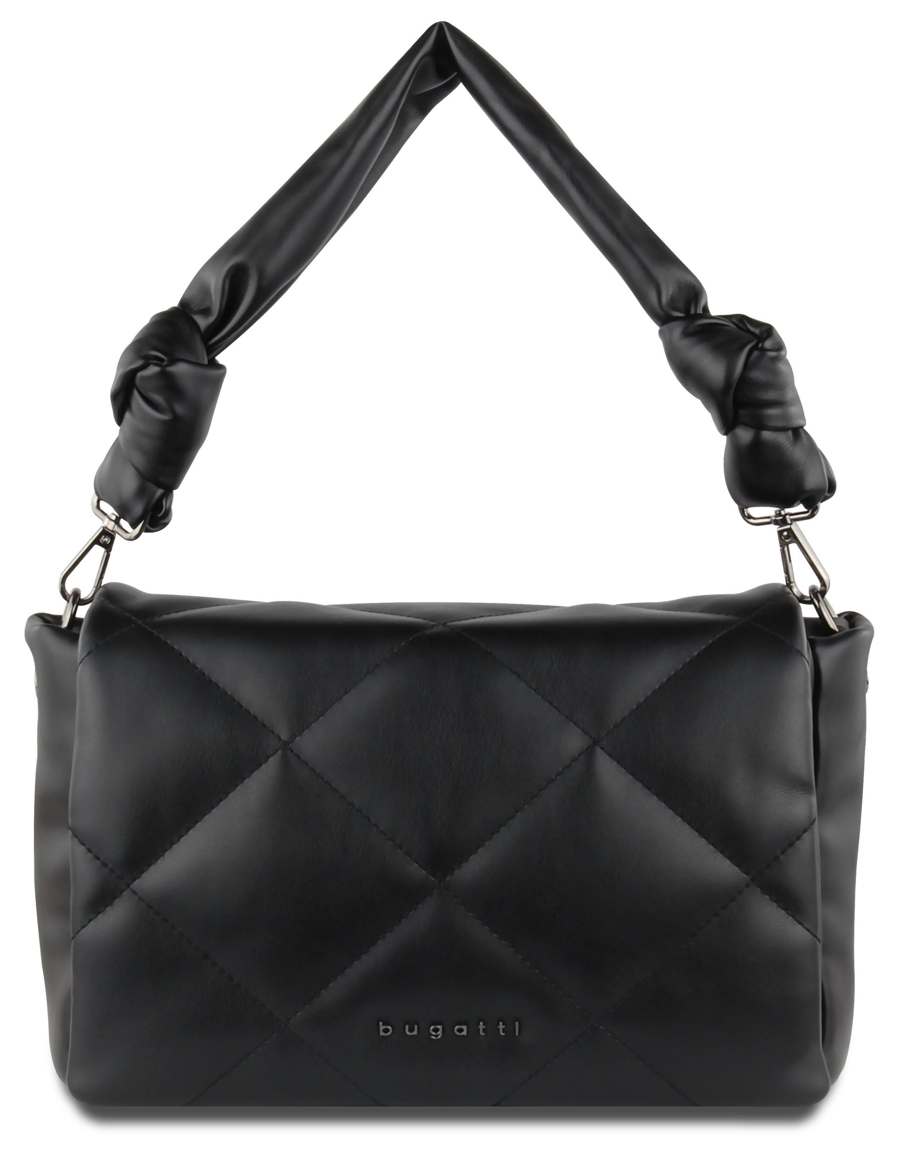 Schwarze bugatti Handtasche mit gesteppter Oberfläche und gedrehtem Riemen, Büstenbild.