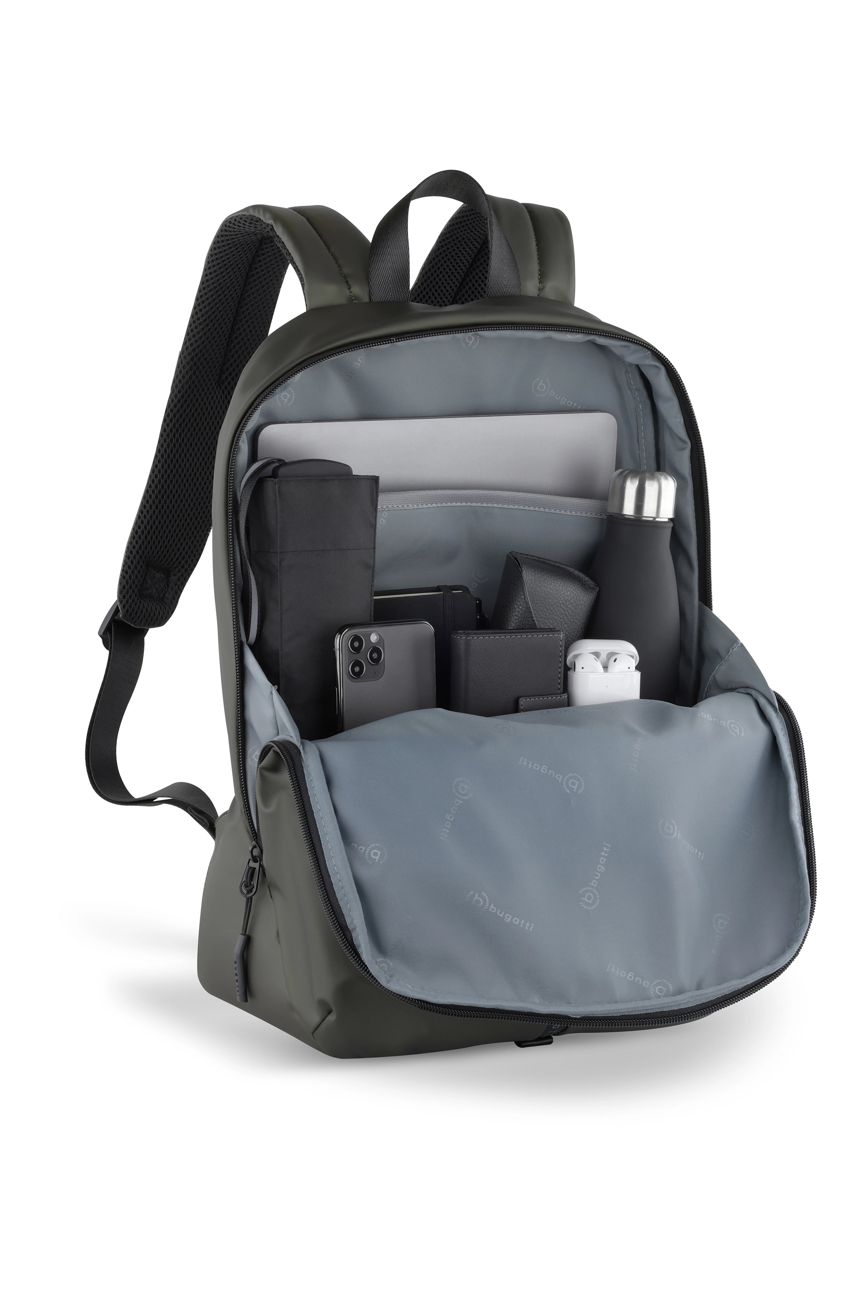 Grüner bugatti Rucksack mit geöffnetem Fach, zeigt Laptop, Flasche und Zubehör