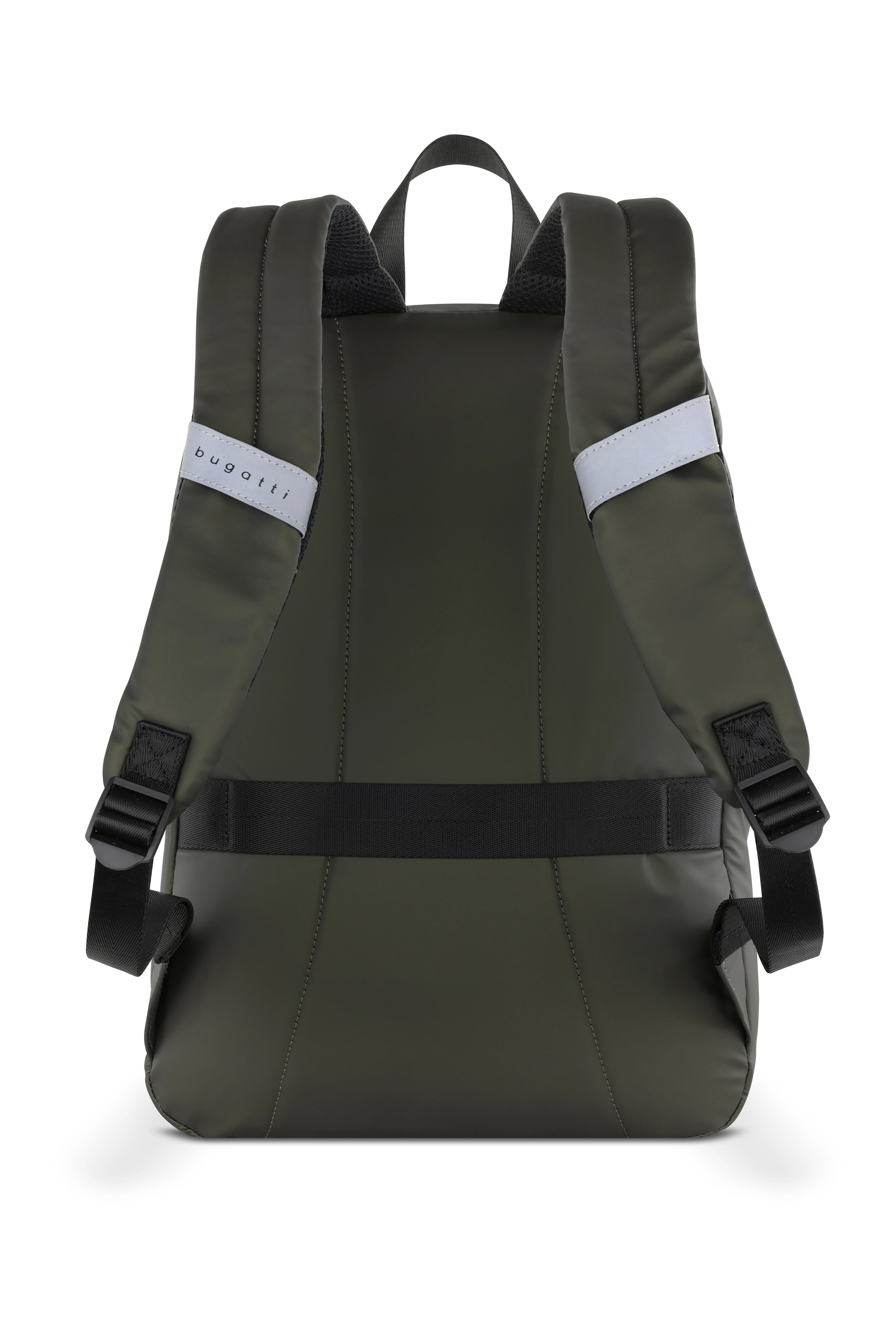 Rückansicht eines olivgrünen bugatti Rucksacks mit gepolsterten Trägern und reflektierenden Details.