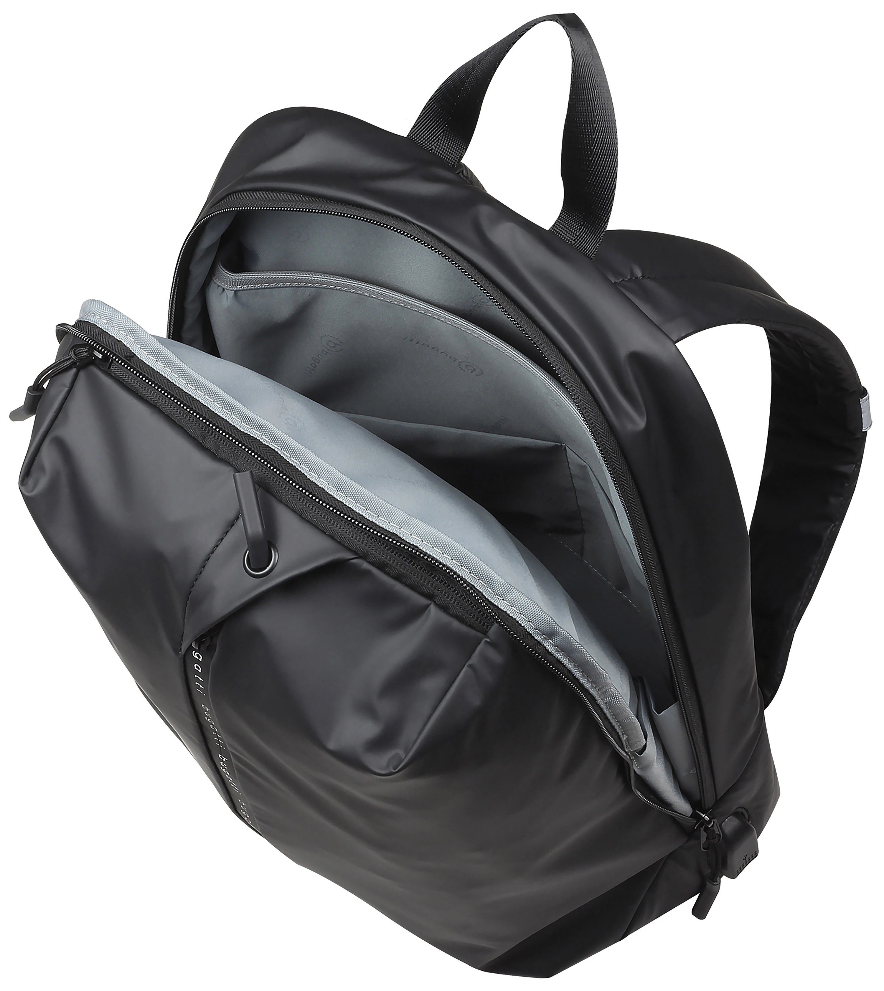 Schwarzer bugatti Rucksack, minimalistisch, geräumiges Design, offene Ansicht, reißfestes Material.
