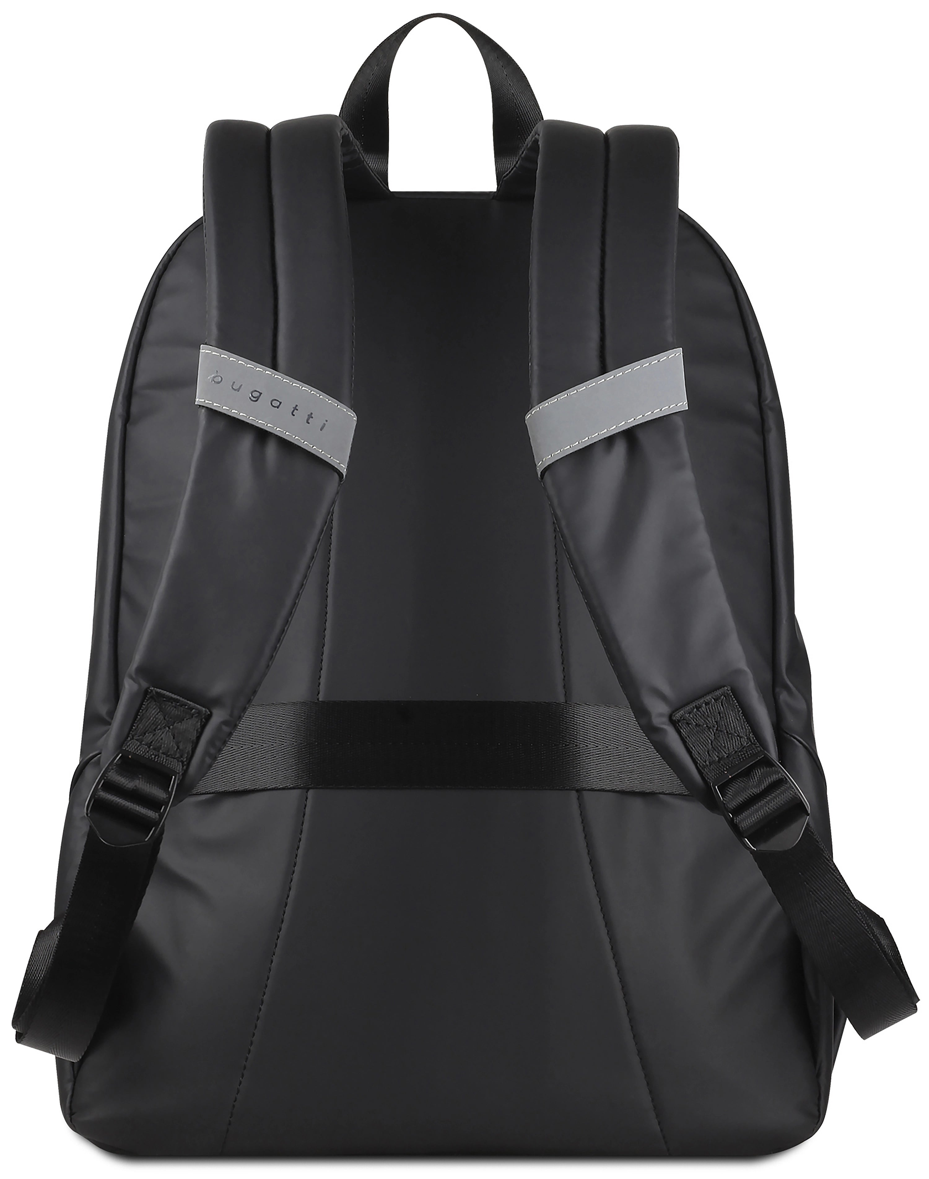 Rückansicht eines schwarzen bugatti Rucksacks mit verstellbaren Trägern, schlichtes Design.