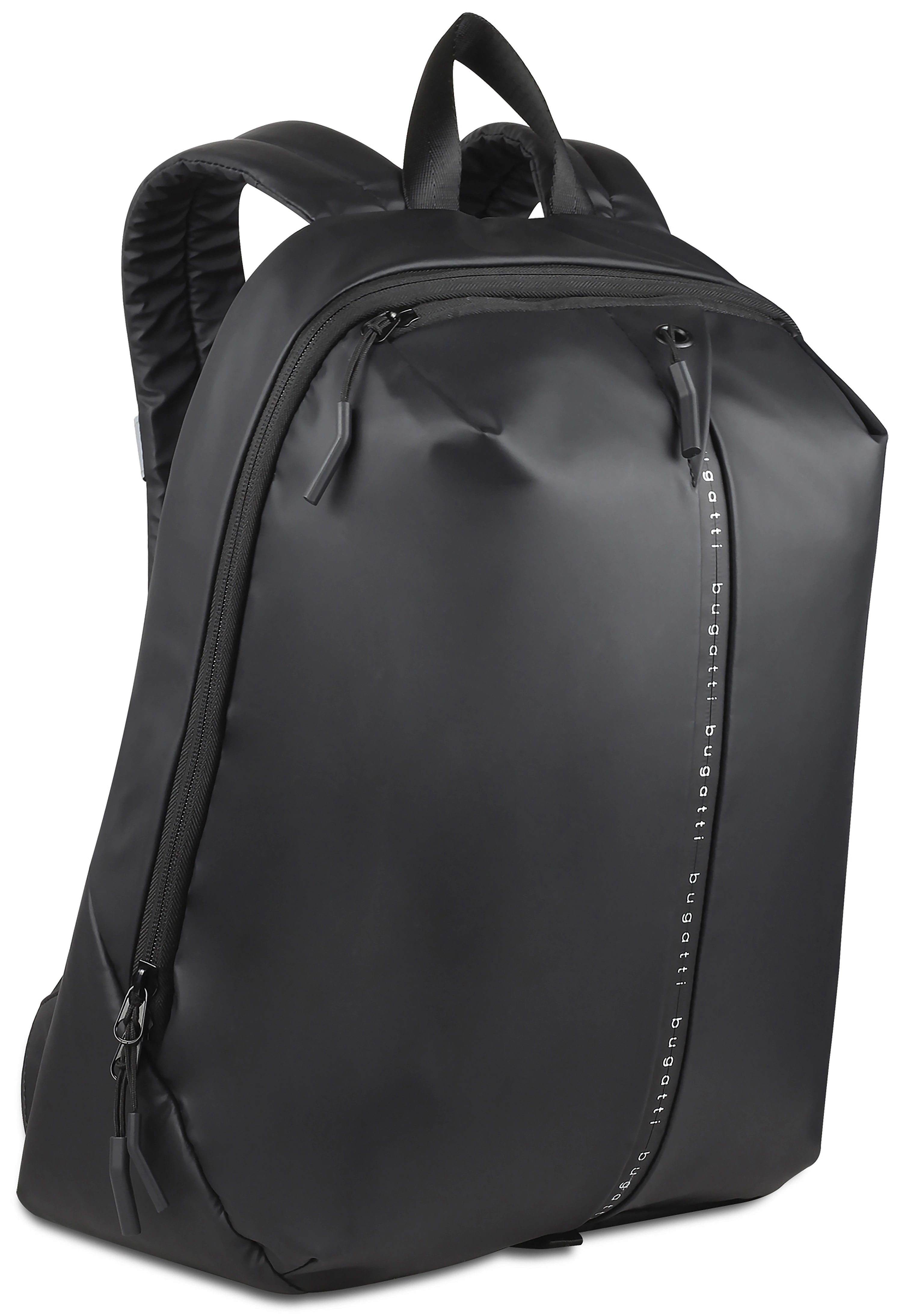 Schwarzer bugatti Rucksack mit Logo, elegantes Design, hochwertige Materialien, legeres Büstenbild.