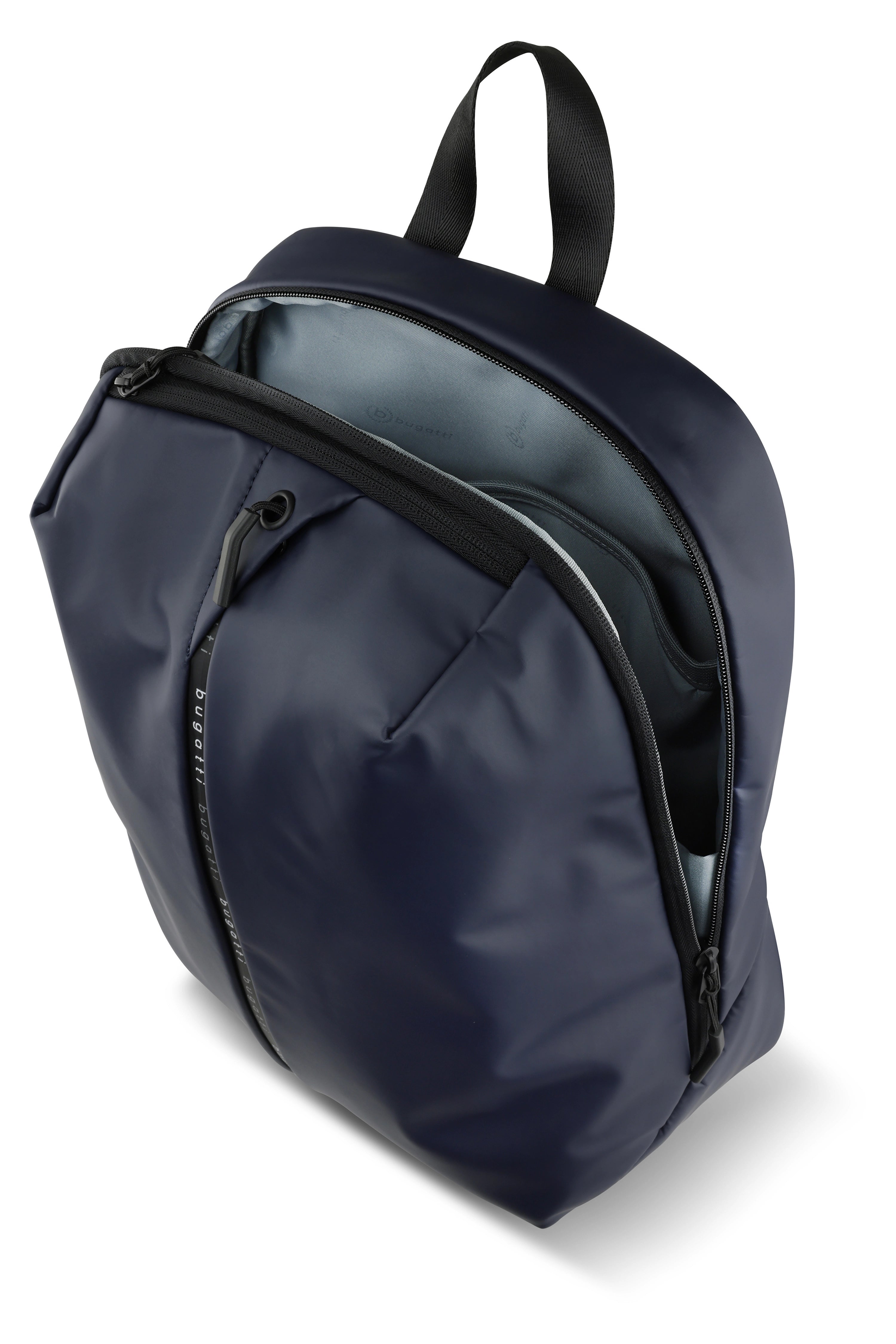 Dunkelblauer bugatti Rucksack, Büstenbild, glattes Design, elegant und funktional.
