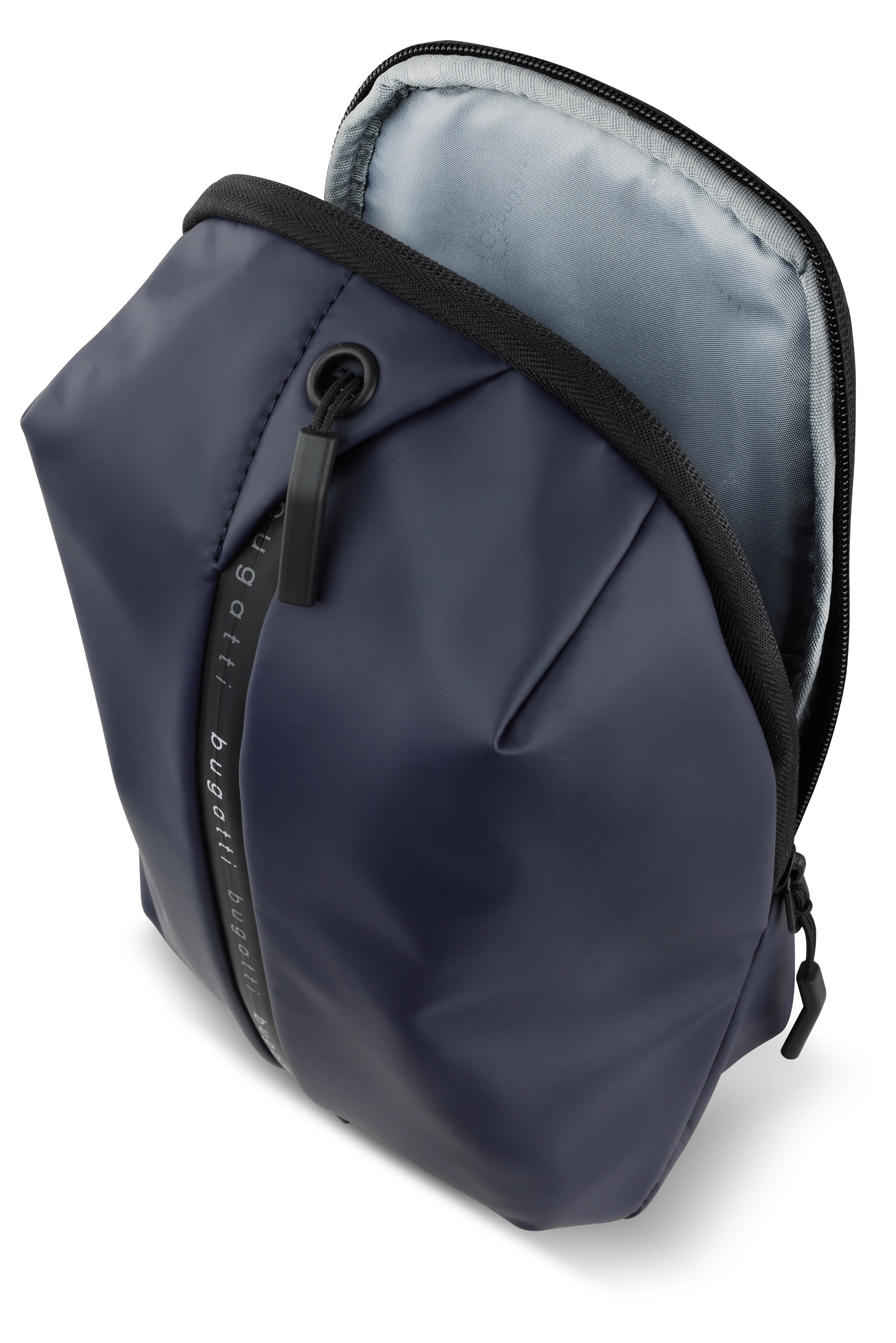 bugatti dunkelblaue Tasche, elegante Linien, Detailansicht, stilvoll und funktional.