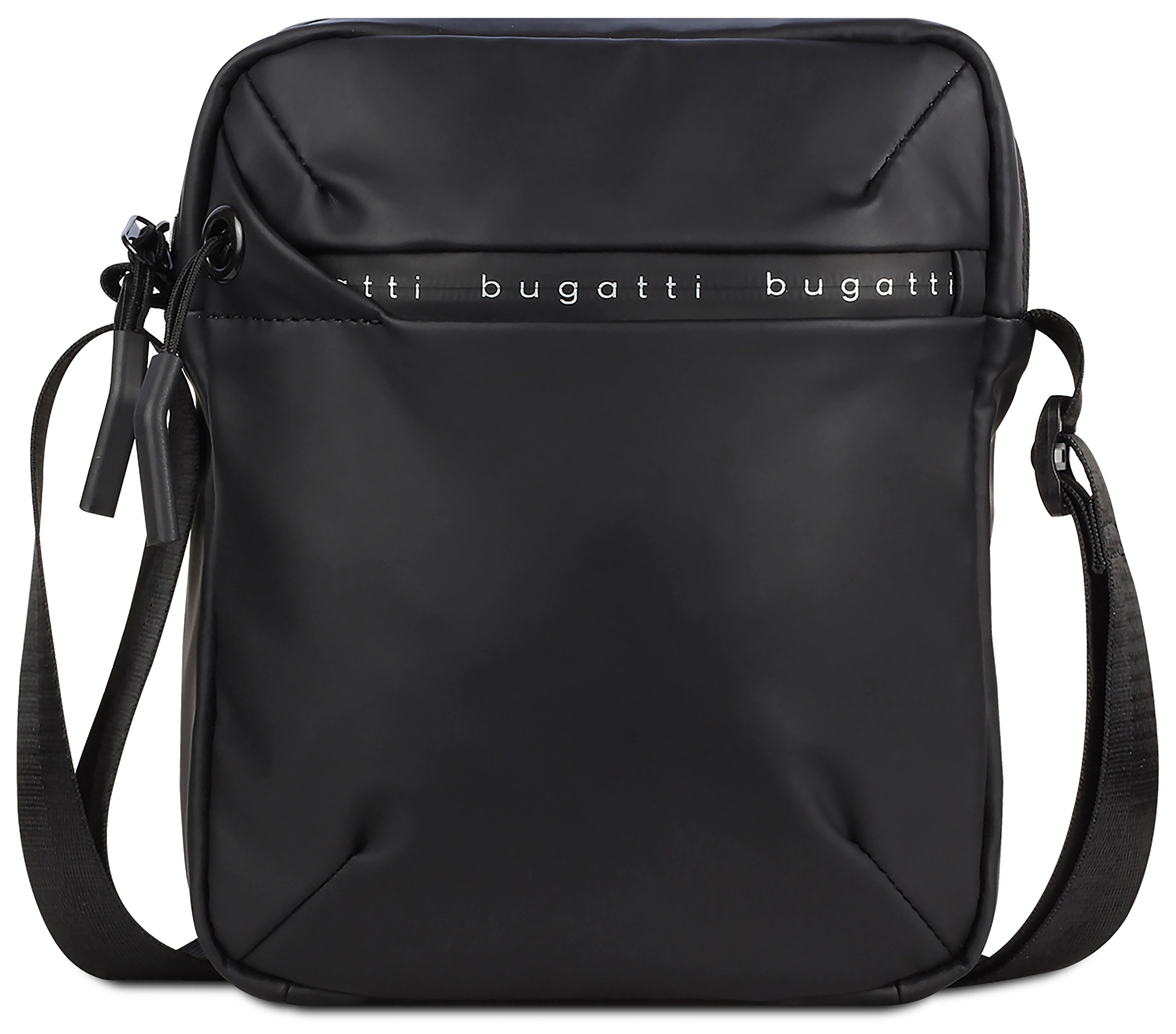 Schwarze bugatti Umhängetasche, schlichtes Design, Logoband, Produktbild ohne Model.