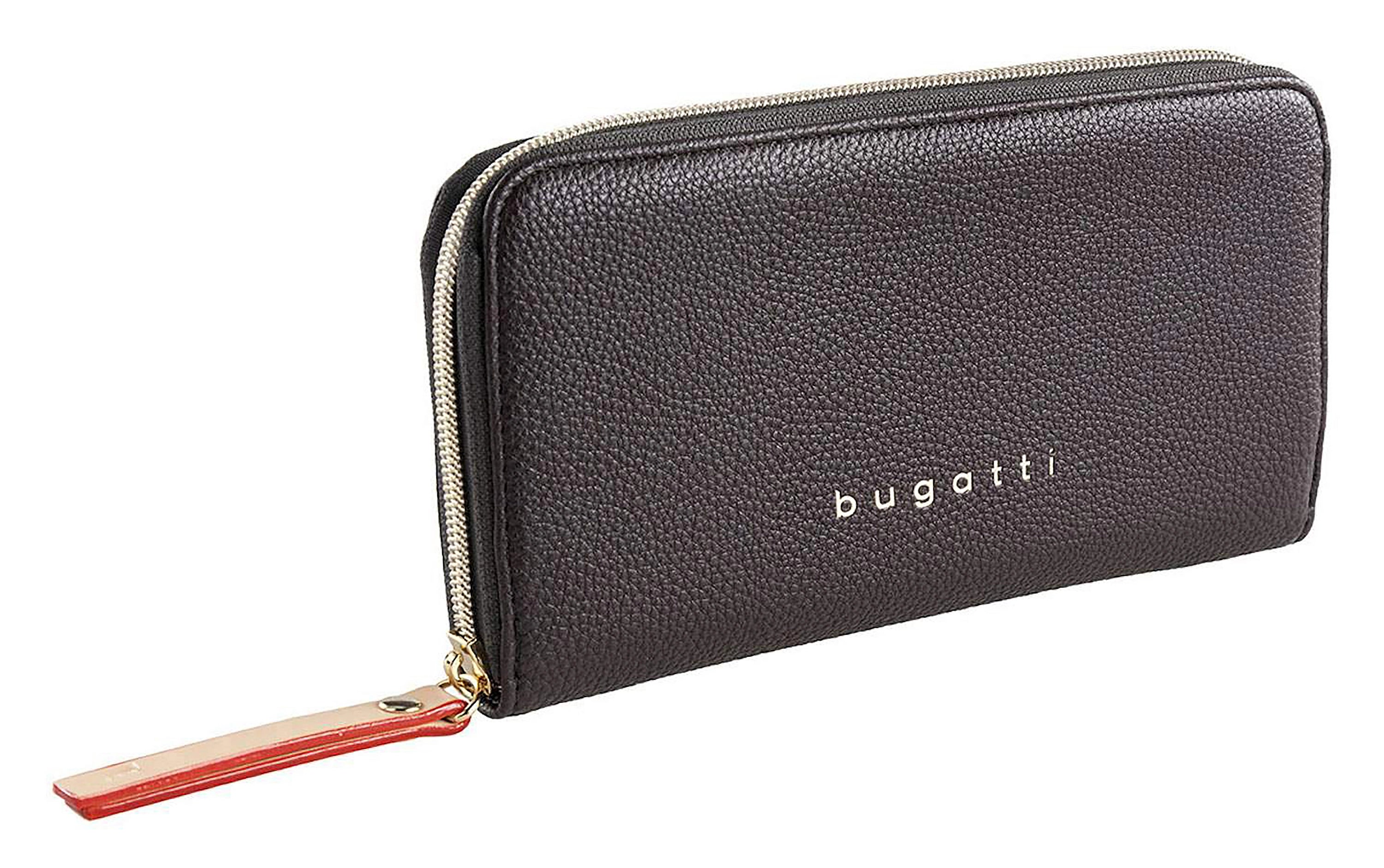 bugatti Geldbörse, schwarz, Leder, Reißverschluss, elegantes Design, Produktbild.