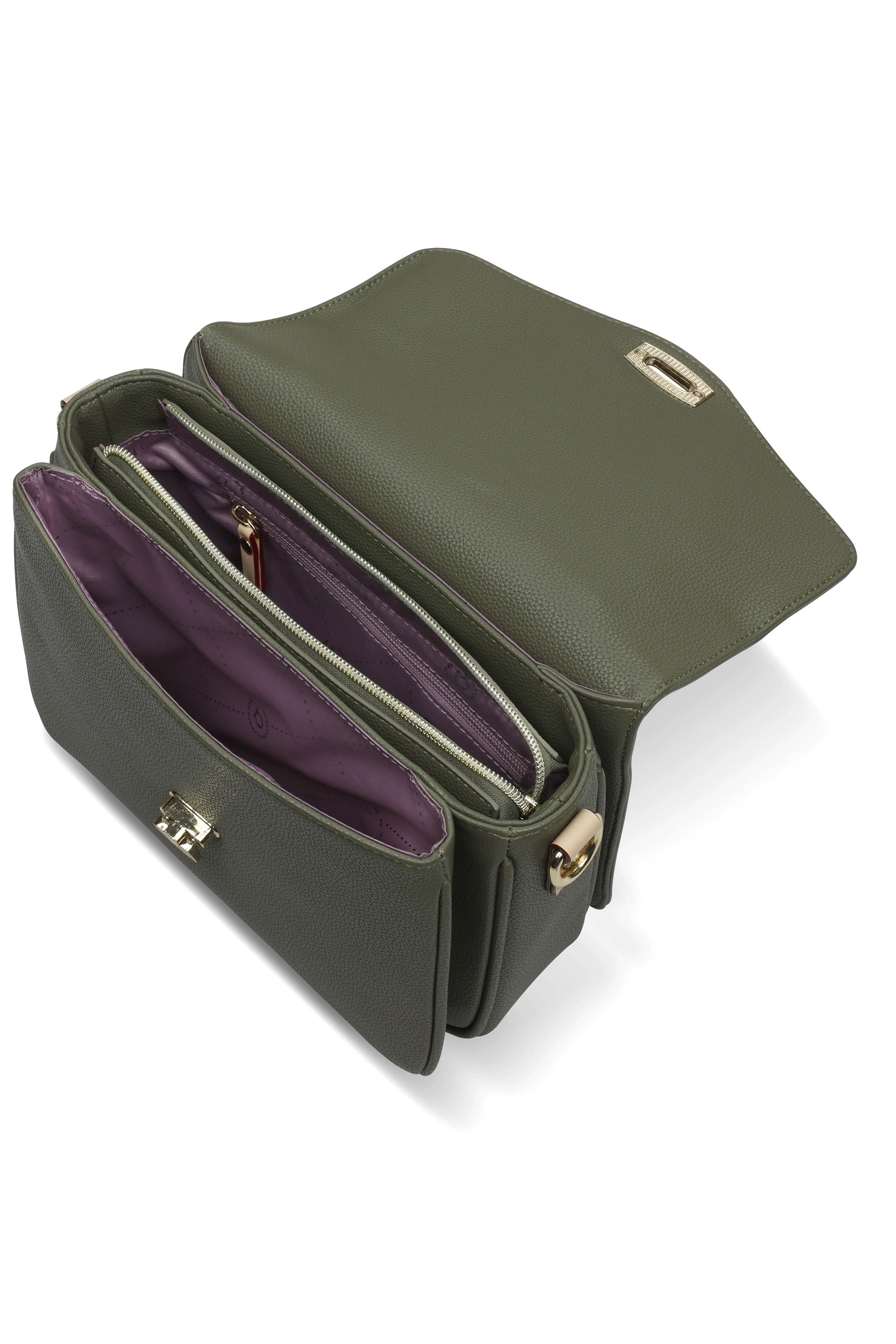 Grüne bugatti Umhängetasche mit lila Innenfutter, offenes Design, hochwertige Verarbeitung.