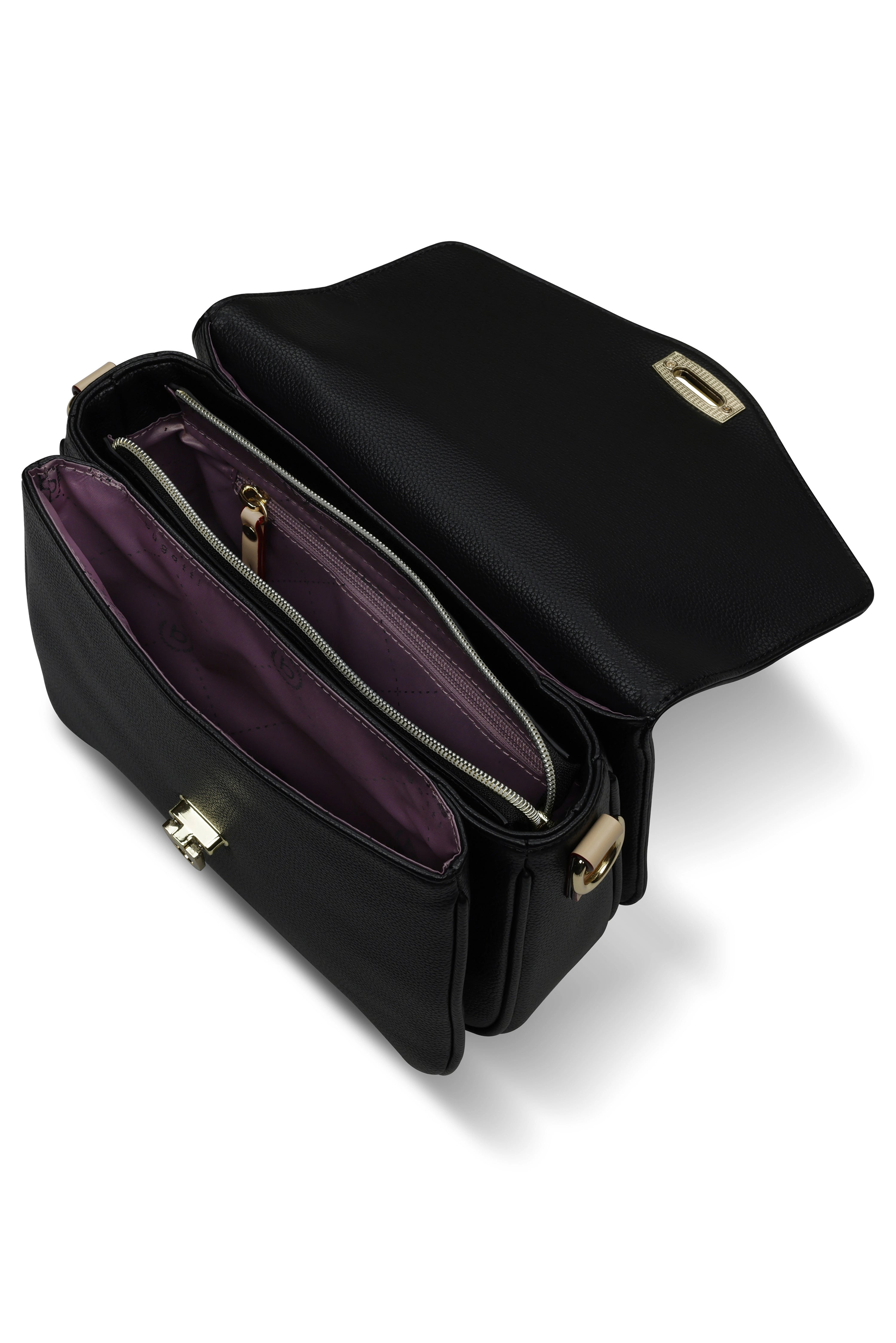 Schwarze bugatti Tasche mit lila Innenfutter, goldene Details, elegant und zeitlos.