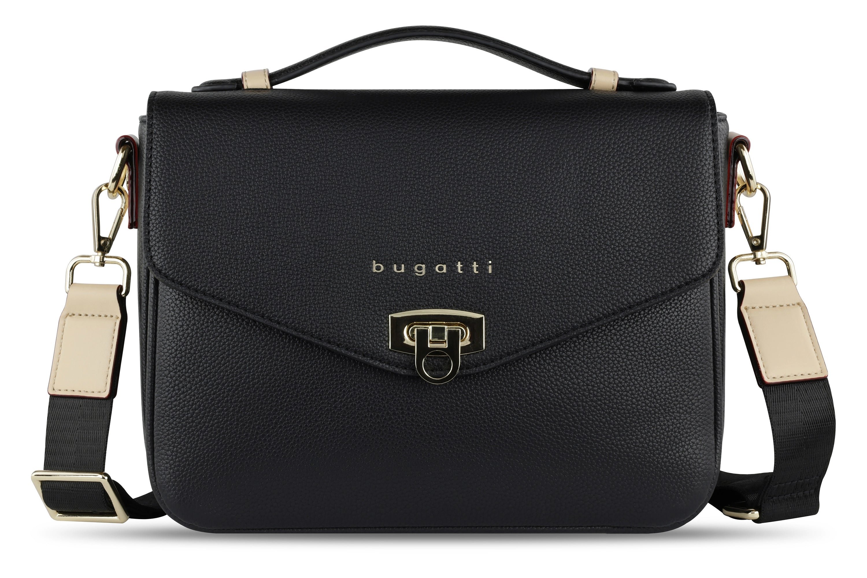 Schwarze bugatti Umhängetasche mit goldenen Details und beigem Riemen, elegantes Design.