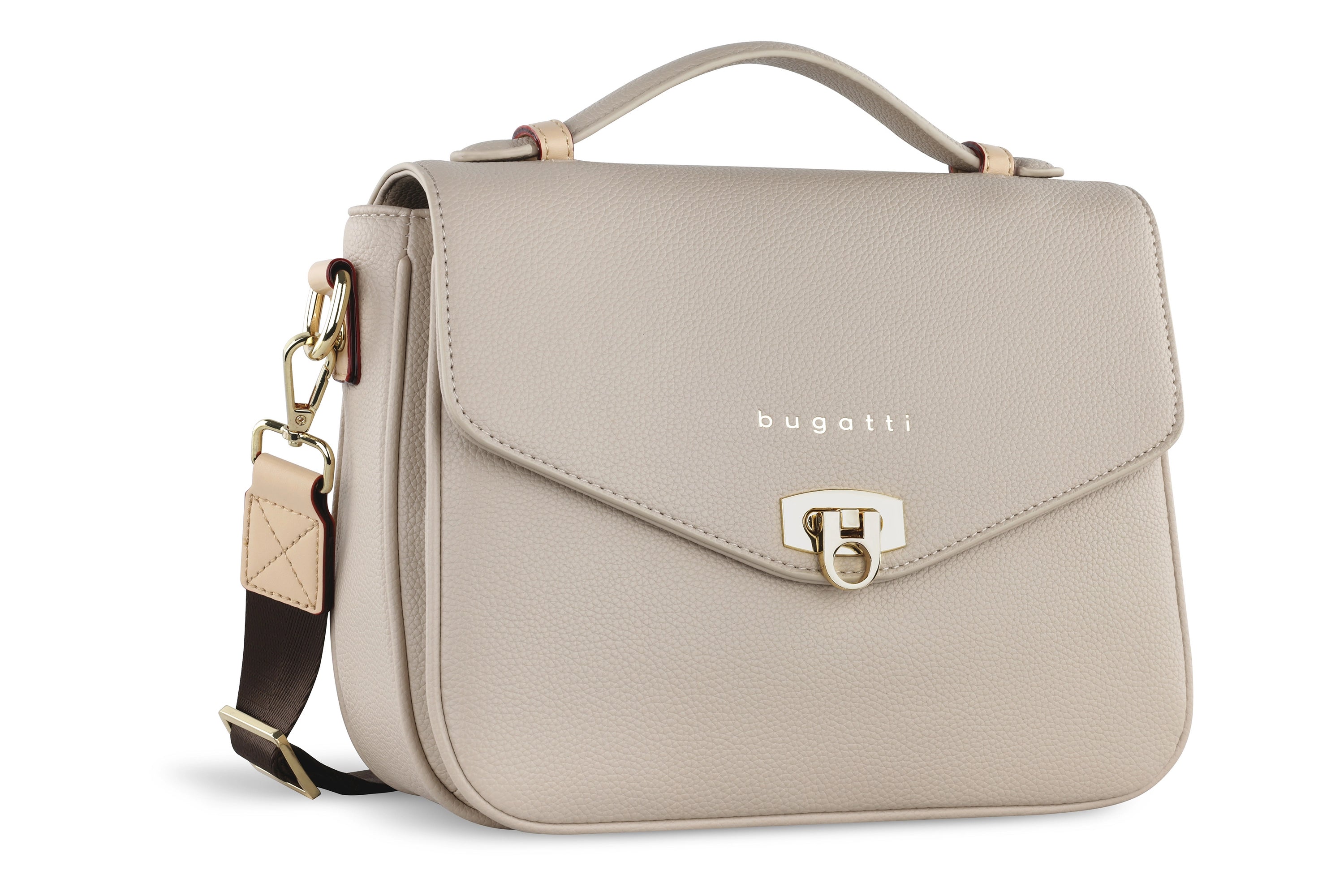 Beige bugatti Schultertasche mit goldenen Details, elegantes Design, hochwertige Materialien.