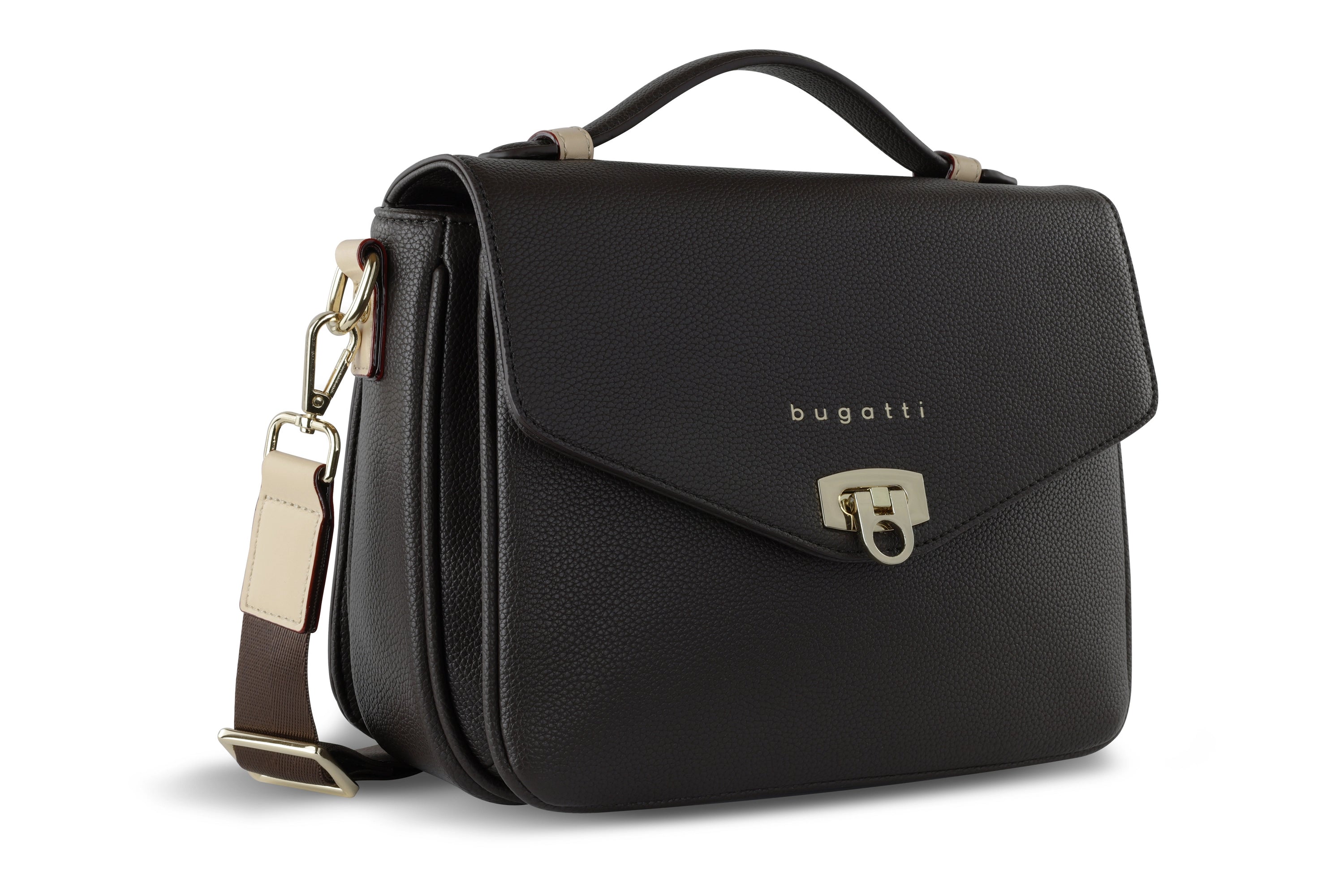 Schwarze bugatti Handtasche mit verstellbarem Schulterriemen und goldfarbenem Verschluss, elegantes Design.