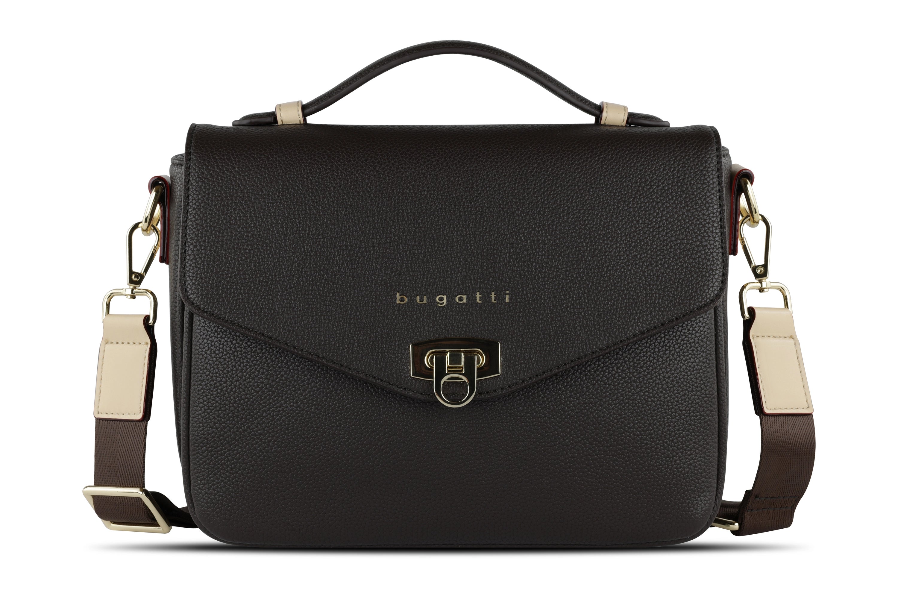 bugatti schwarze Ledertasche mit goldenen Details und beigem Schulterriemen, Büstenbild.