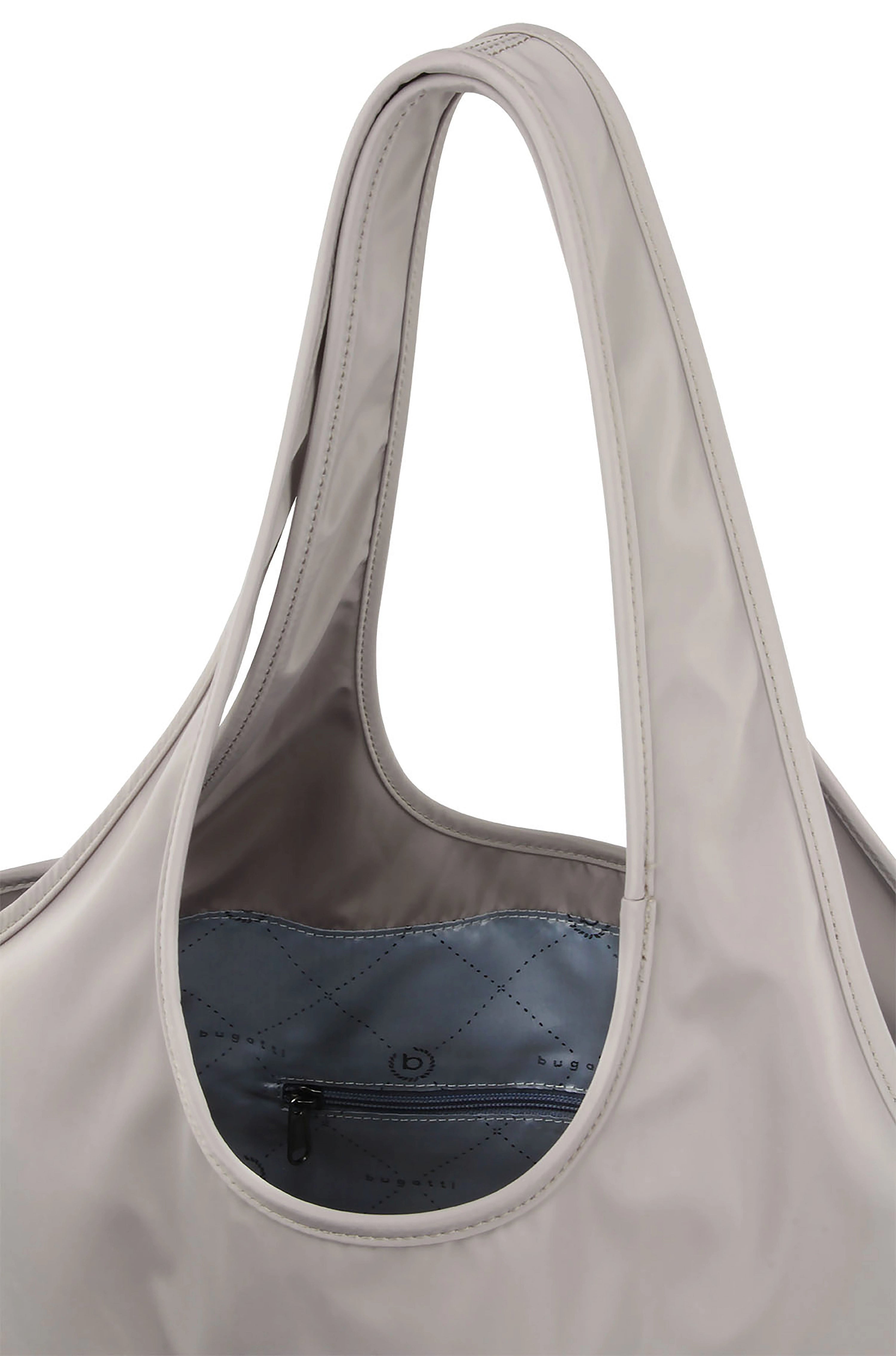 Graue bugatti Tasche mit blaugrauem Innenfutter und Reißverschlusstasche, Detailansicht.