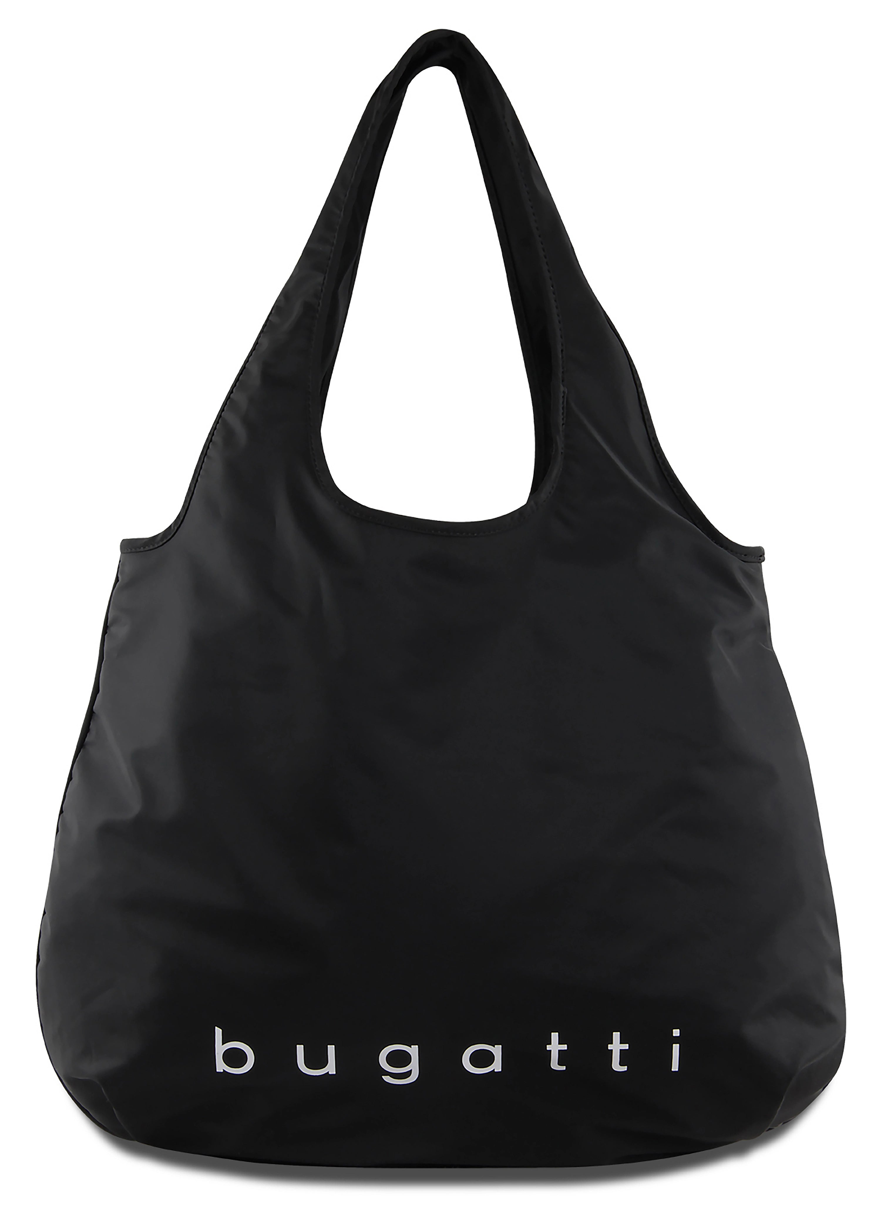 Schwarze bugatti Tasche, schlichtes Design, Büstenbild ohne Muster.