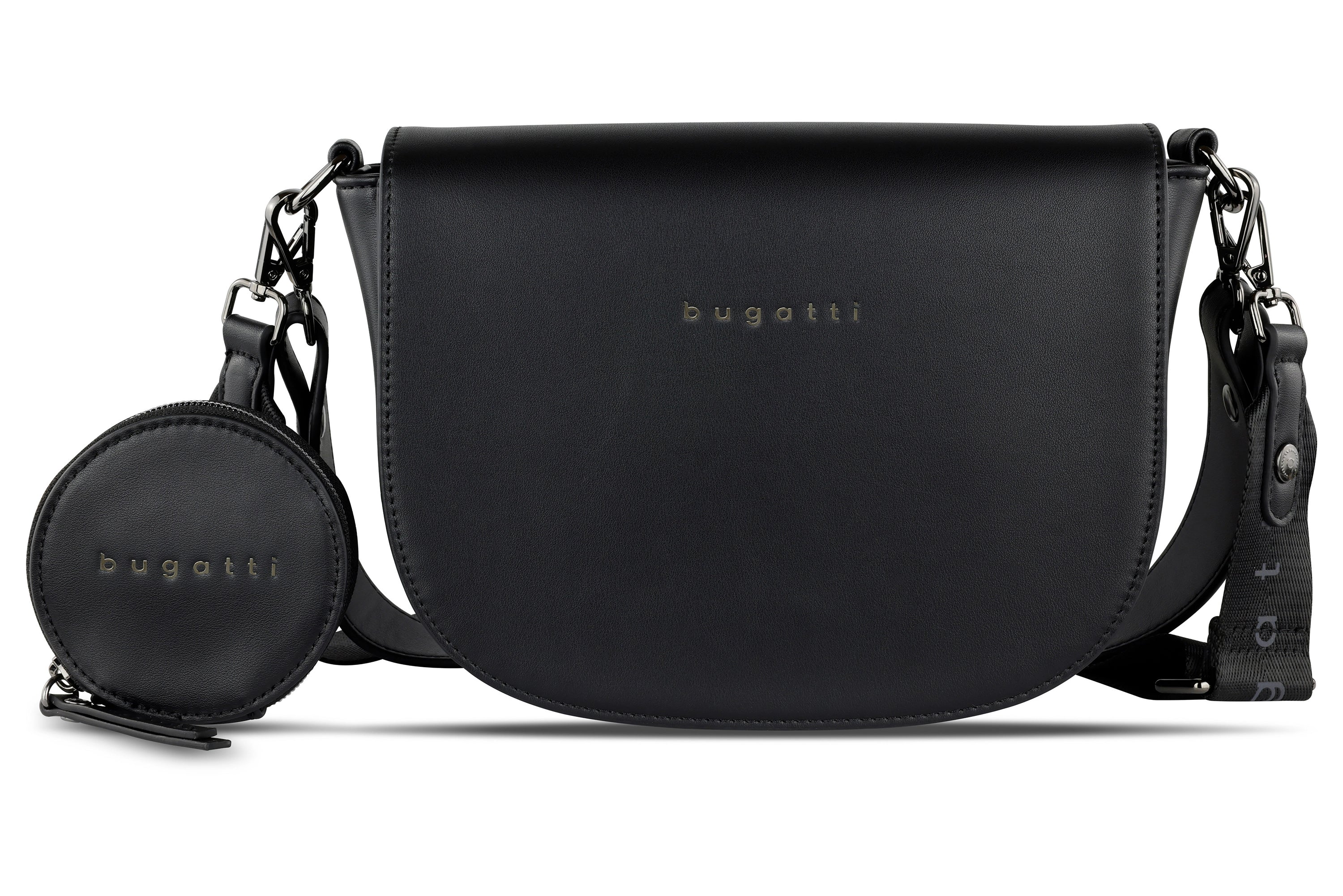 Schwarze bugatti Tasche mit rundem Anhänger, elegantes Design, hochwertiges Material, Büstenbild.