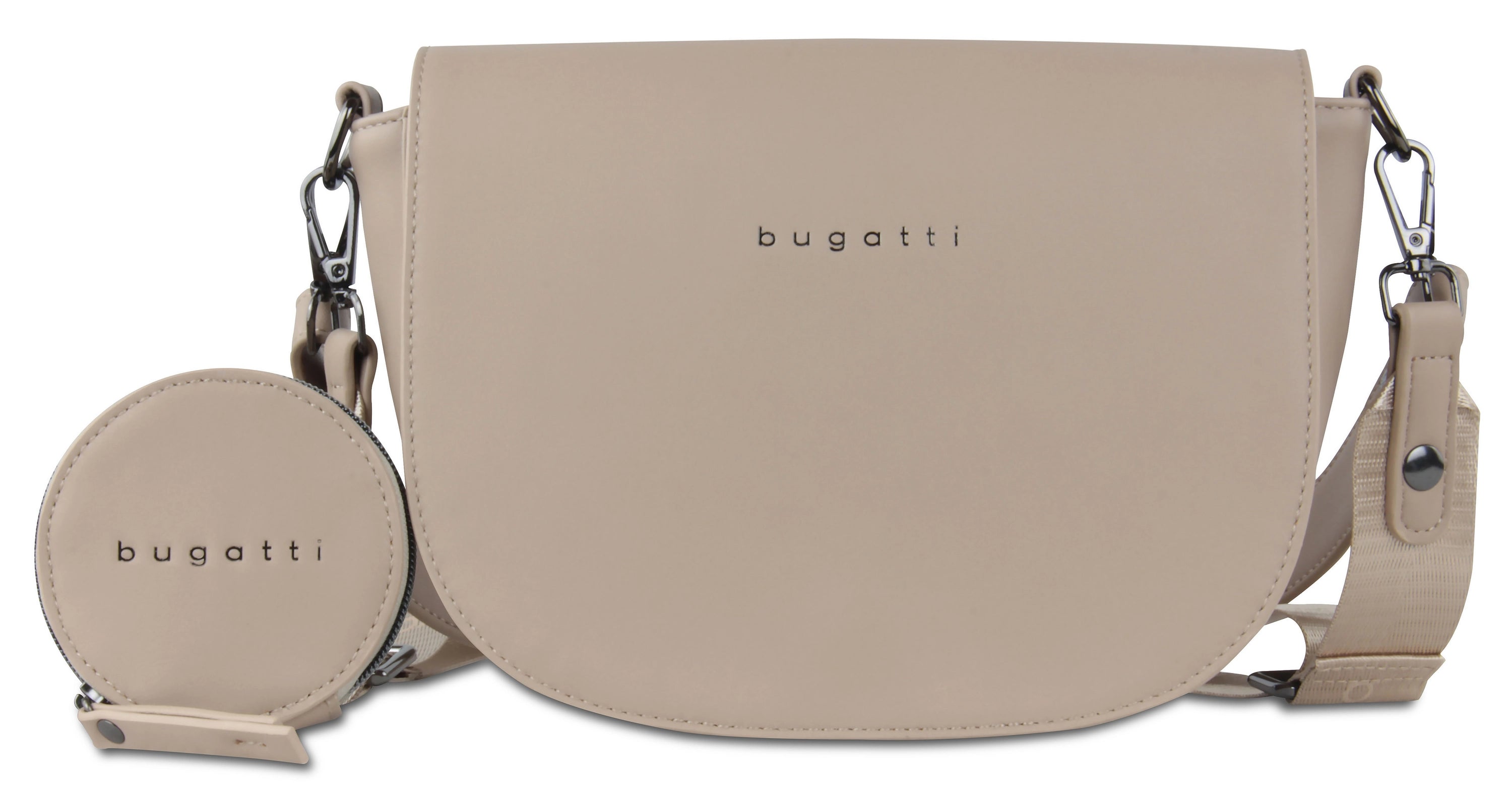 bugatti Umhängetasche und Rundetui in Beige, Büstenbild, stilvoll und modern.