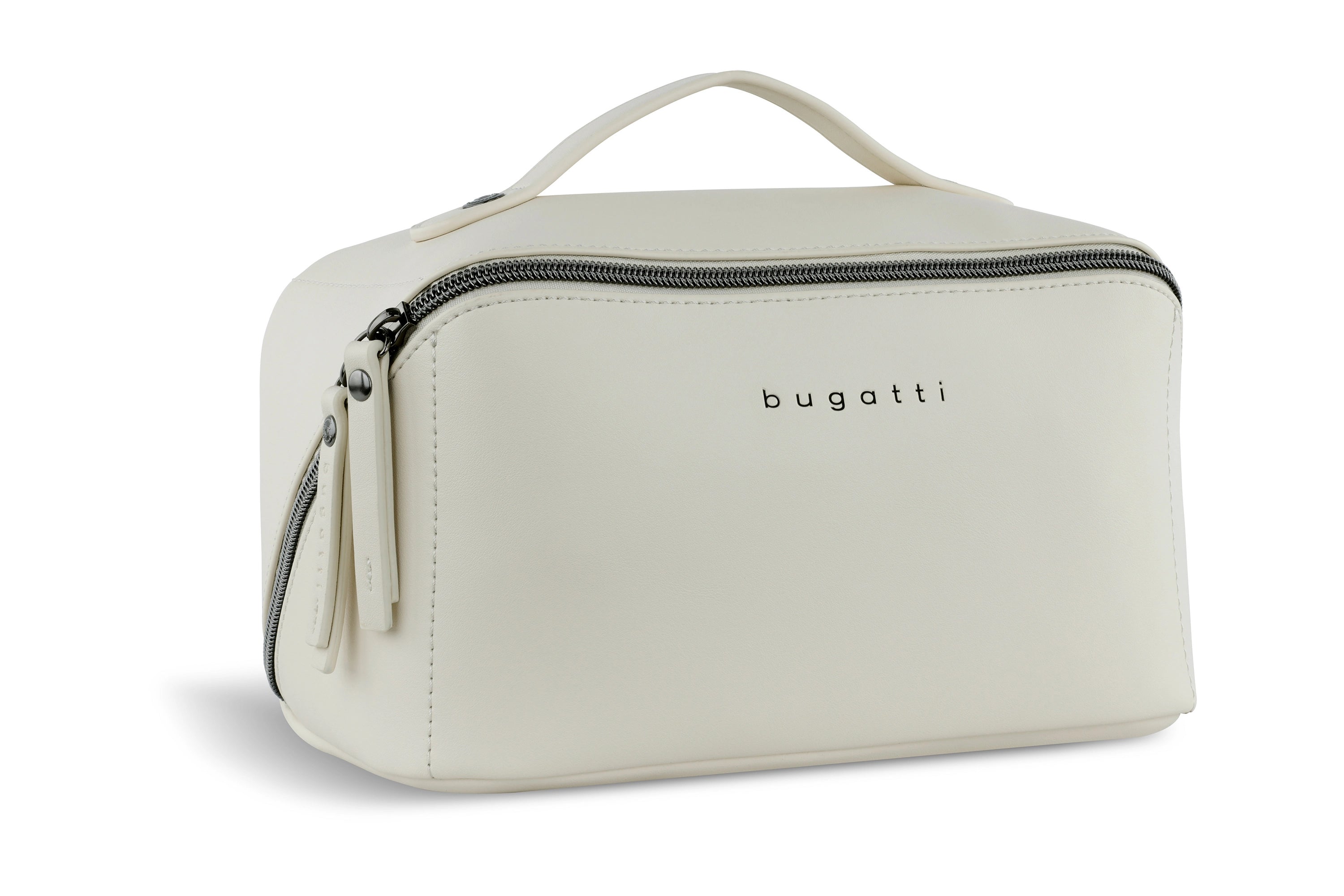 Cremefarbene bugatti Kosmetiktasche aus Lederimitat, Büstenbild.