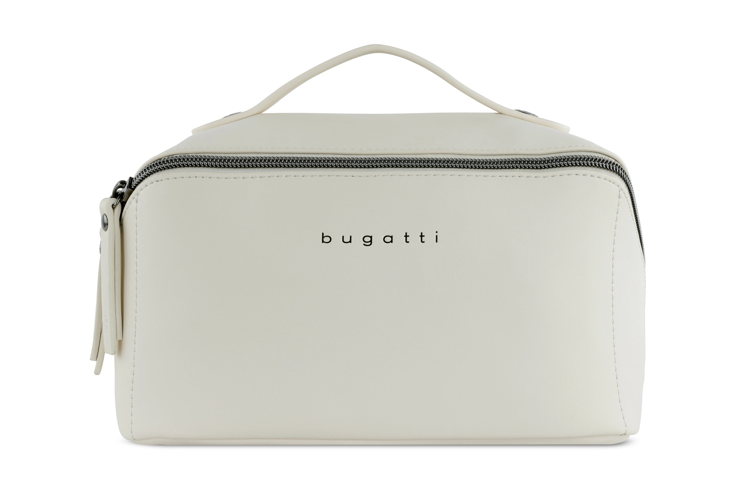bugatti cremefarbene Kosmetiktasche, Büstenbild, elegante Reißverschlussdetails.