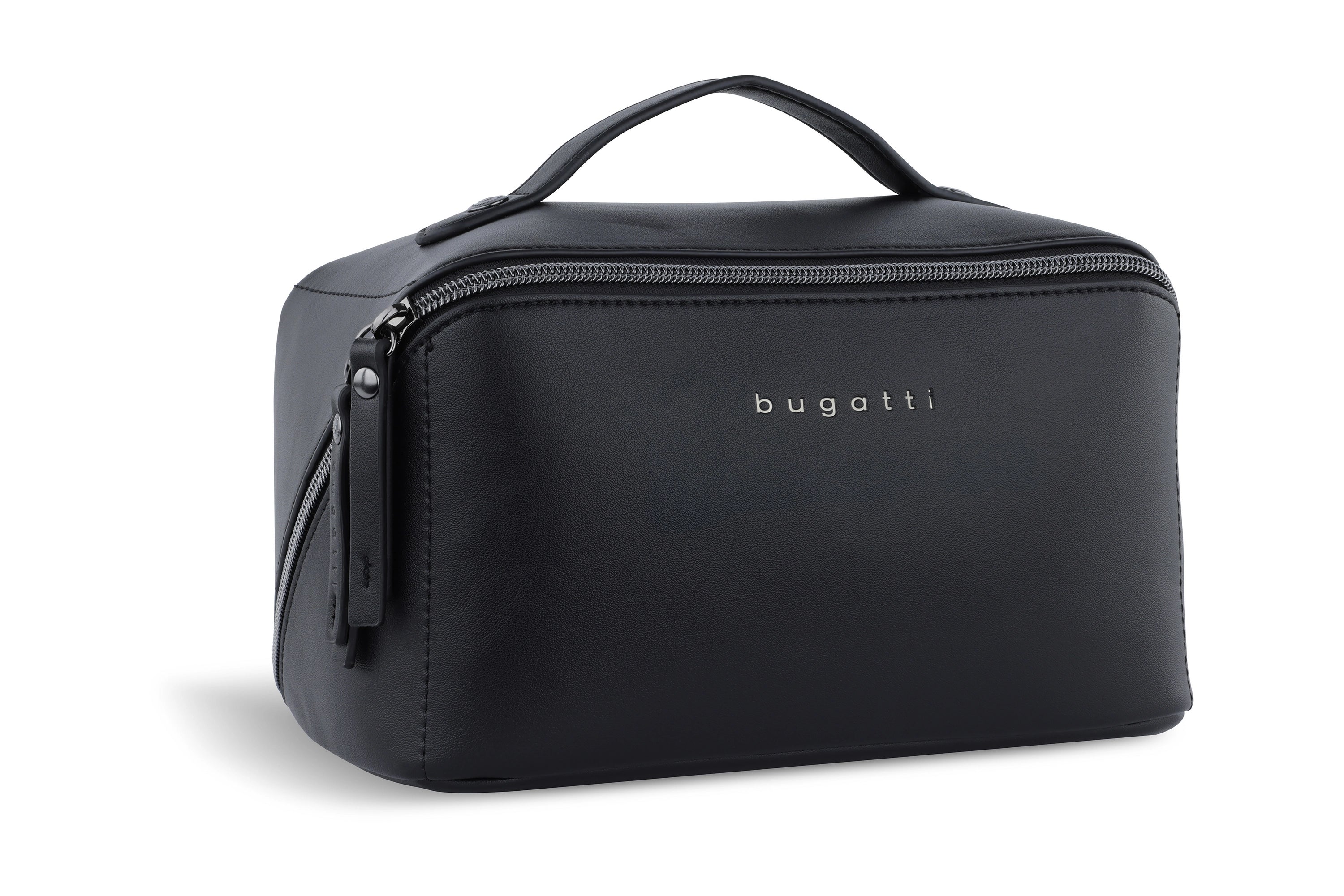 Schwarze bugatti Kulturtasche mit Reißverschluss und Tragegriff, elegantes Design, Produktbild.