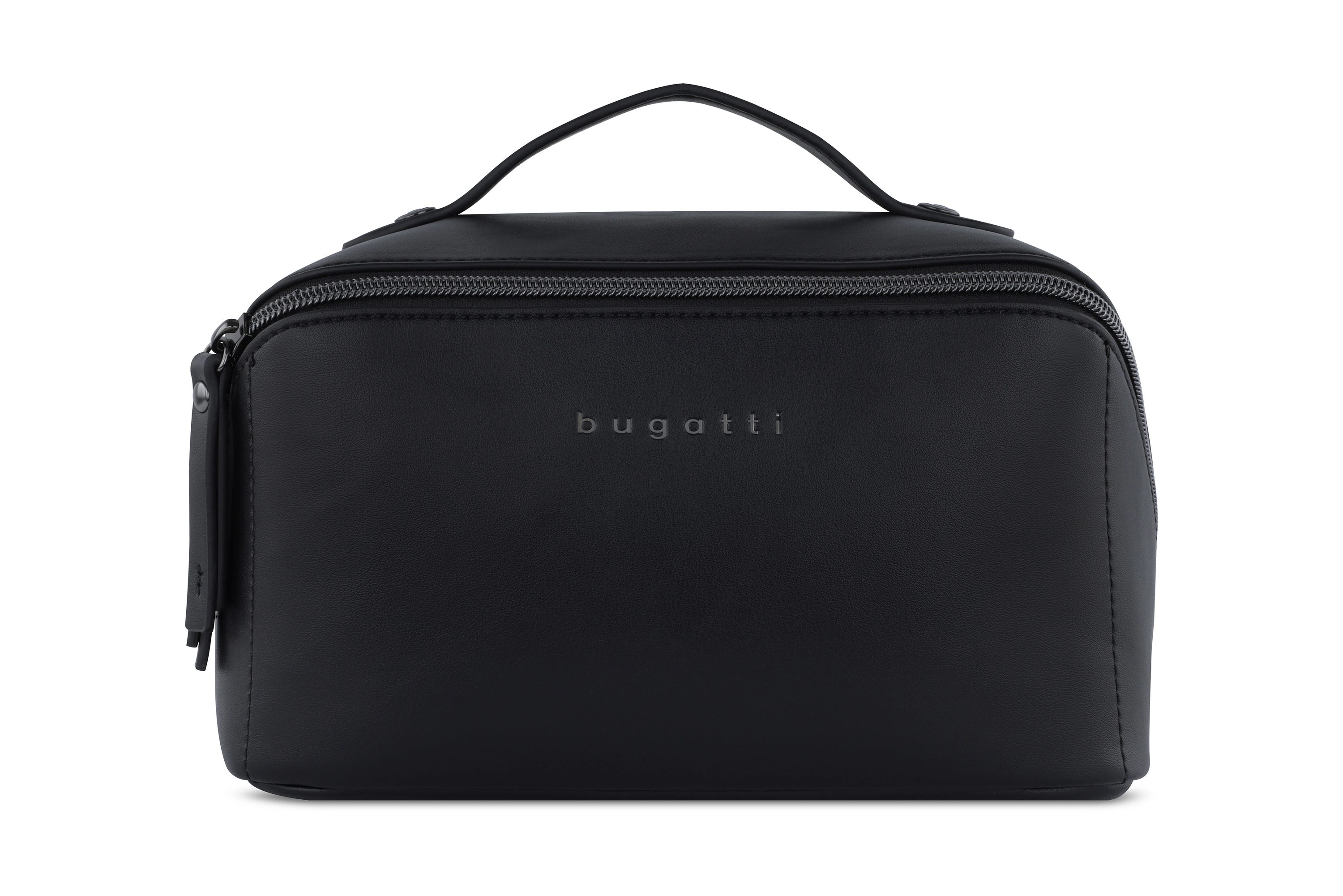 Schwarze bugatti Kosmetiktasche, elegantes Design, hochwertige Verarbeitung.