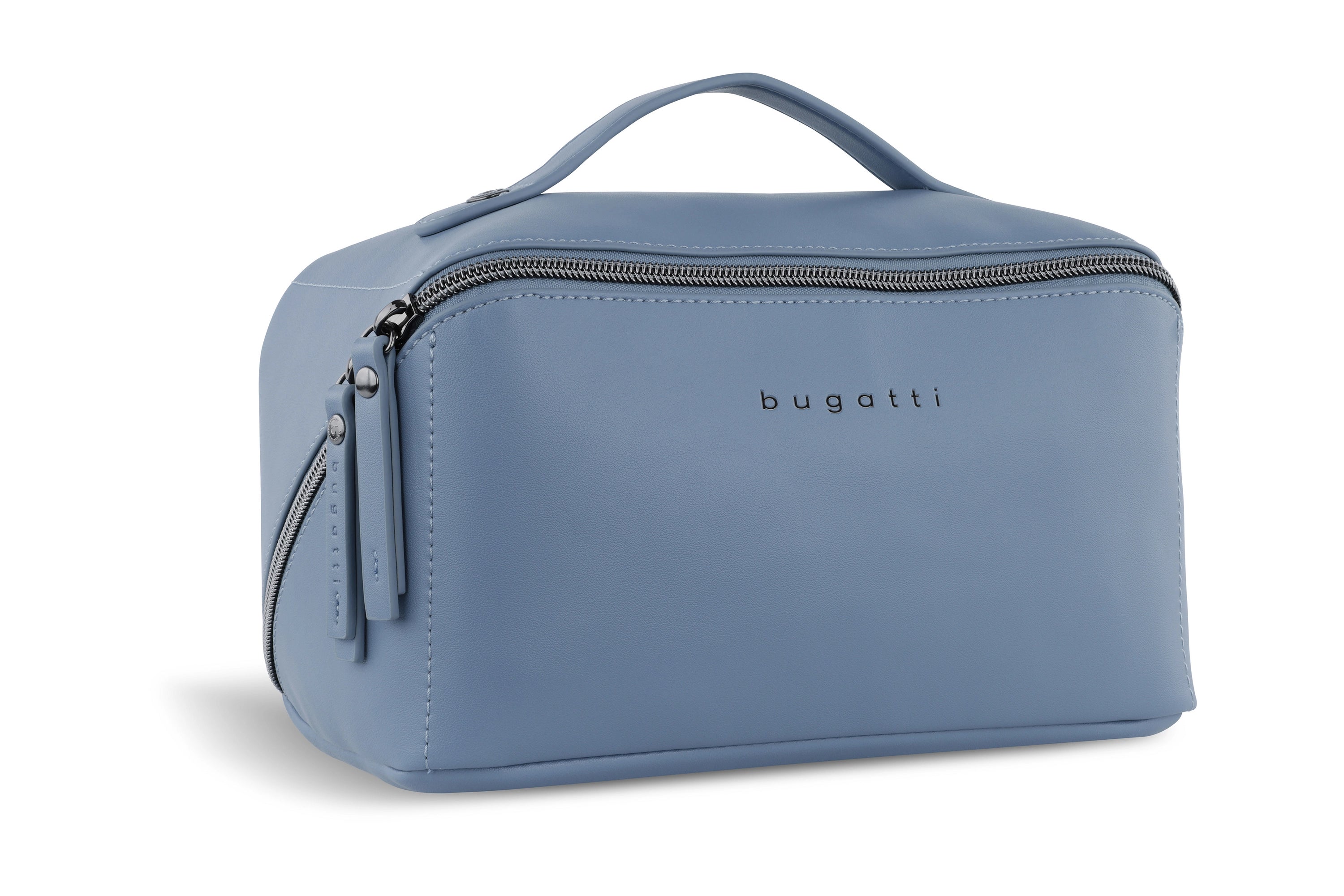 Blaue bugatti Kosmetiktasche mit Reißverschluss und Griff, Detailansicht.