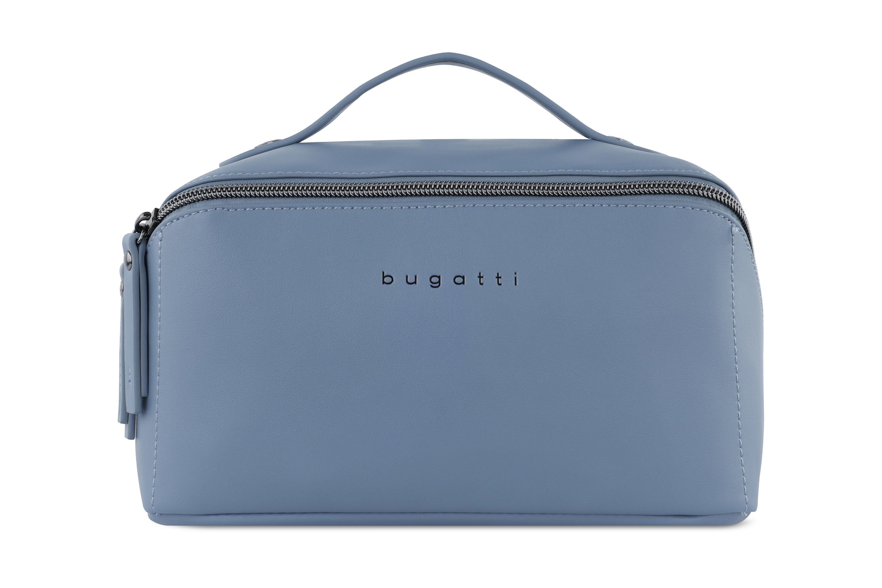 Kleine blaue bugatti-Tasche mit Reißverschluss und Tragegriff, schlichtes Design, Büstenbild.