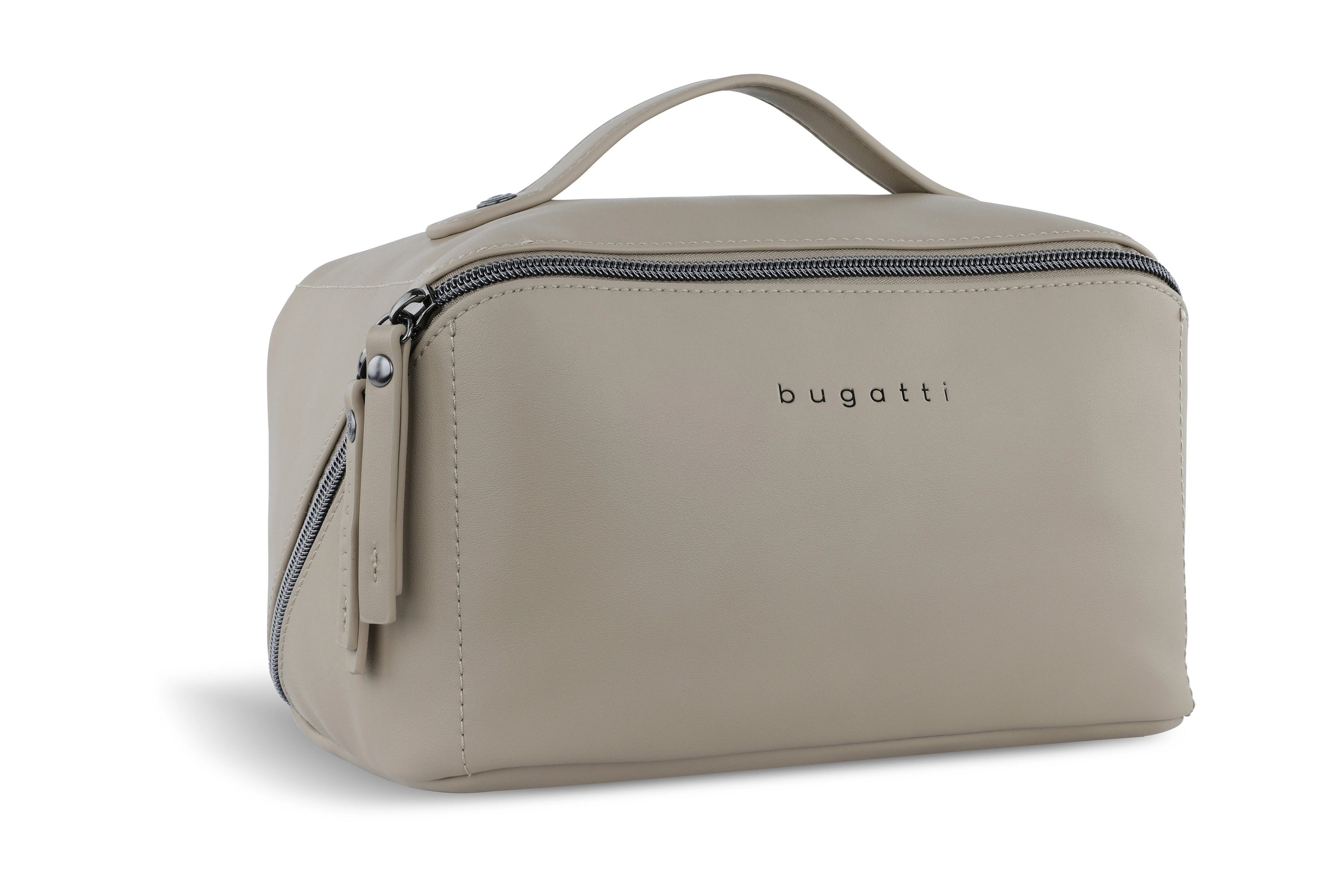 Beige bugatti Kulturtasche mit Reißverschluss und Tragegriff, elegante und zeitlose Designansicht.