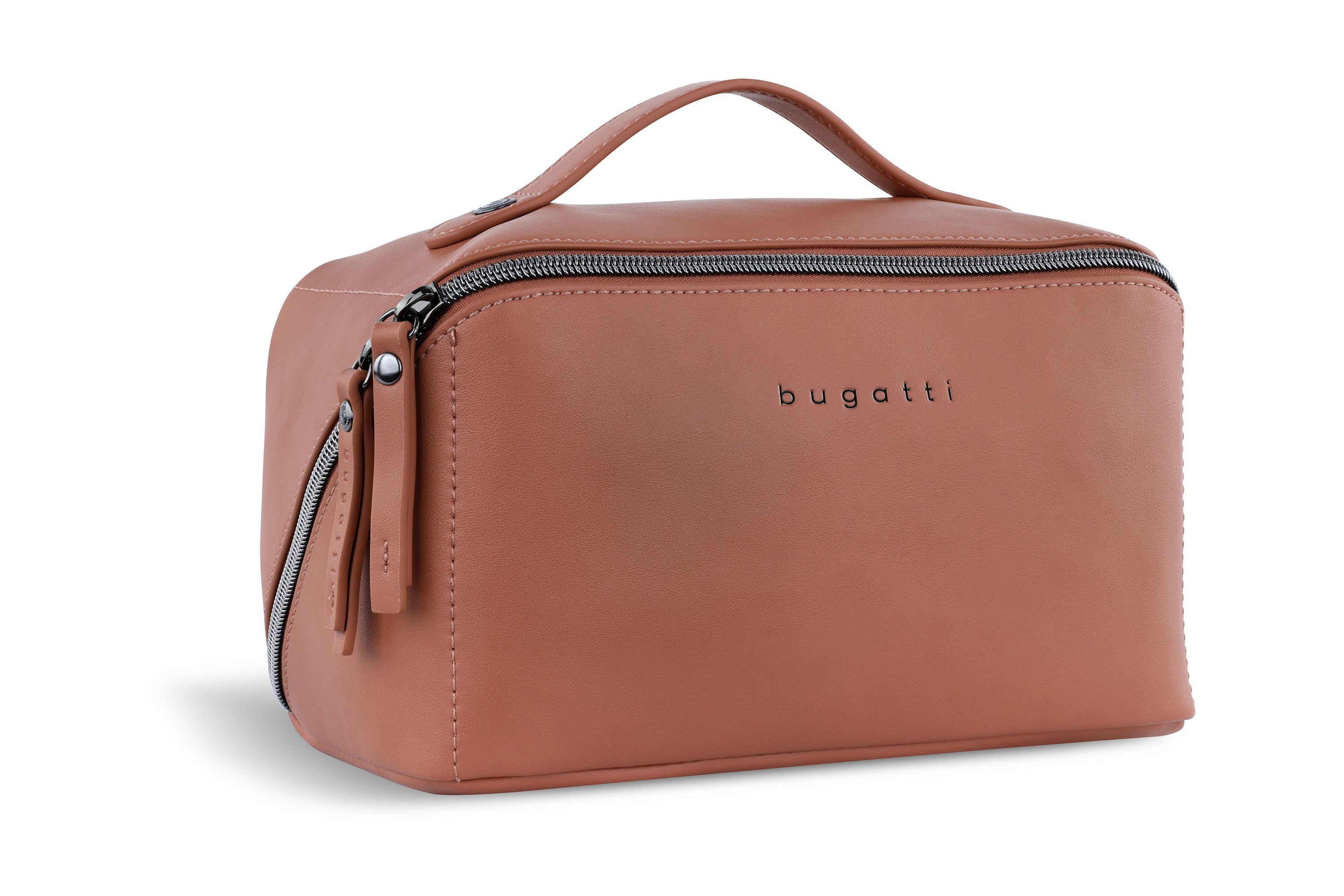 bugatti Kosmetiktasche in Lederoptik, hellbraun, mit Reißverschluss und Tragegriff.