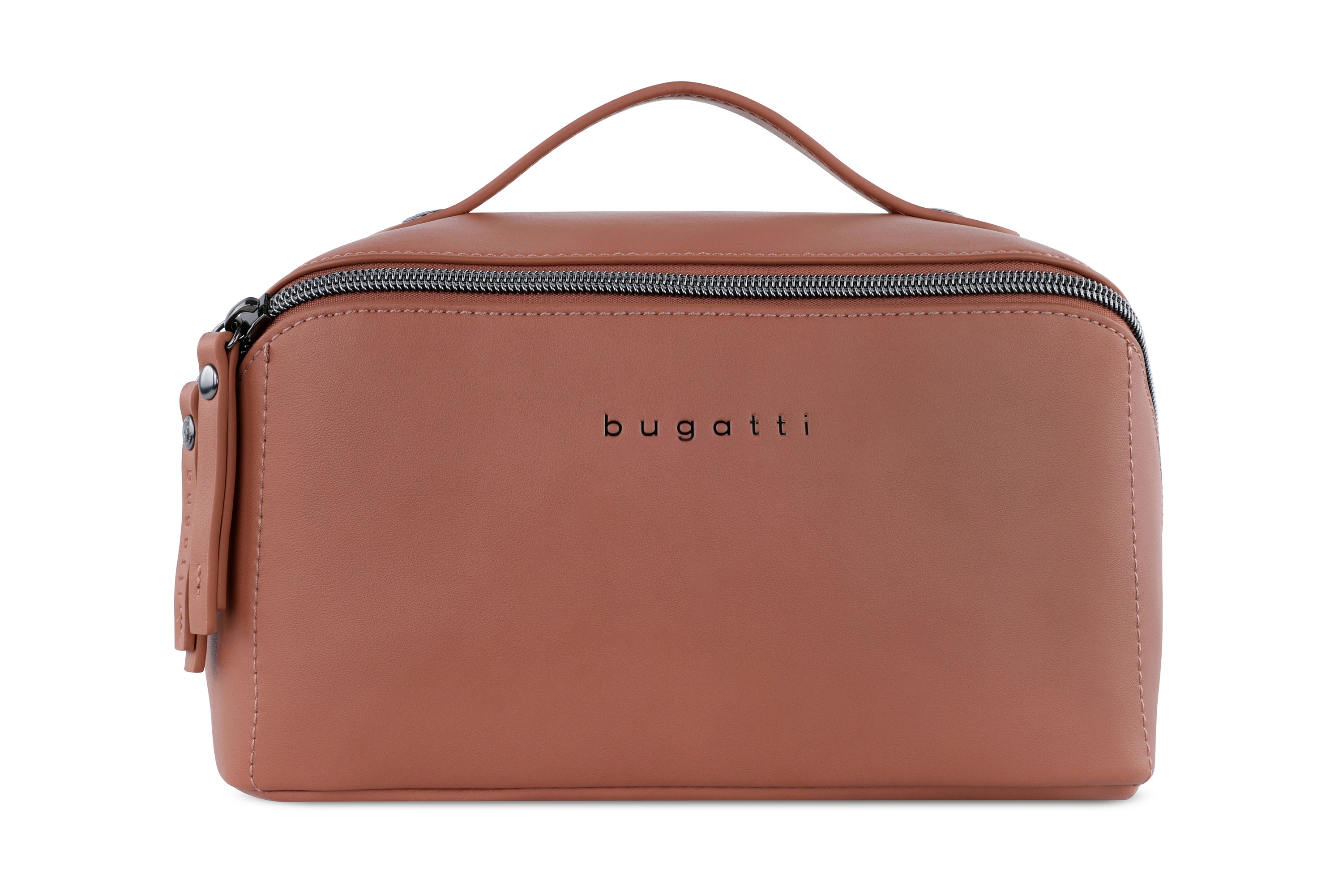 Kosmetiktasche aus Leder in Ziegelrot mit bugatti-Logo, schlichtes Design, Büstenbild.