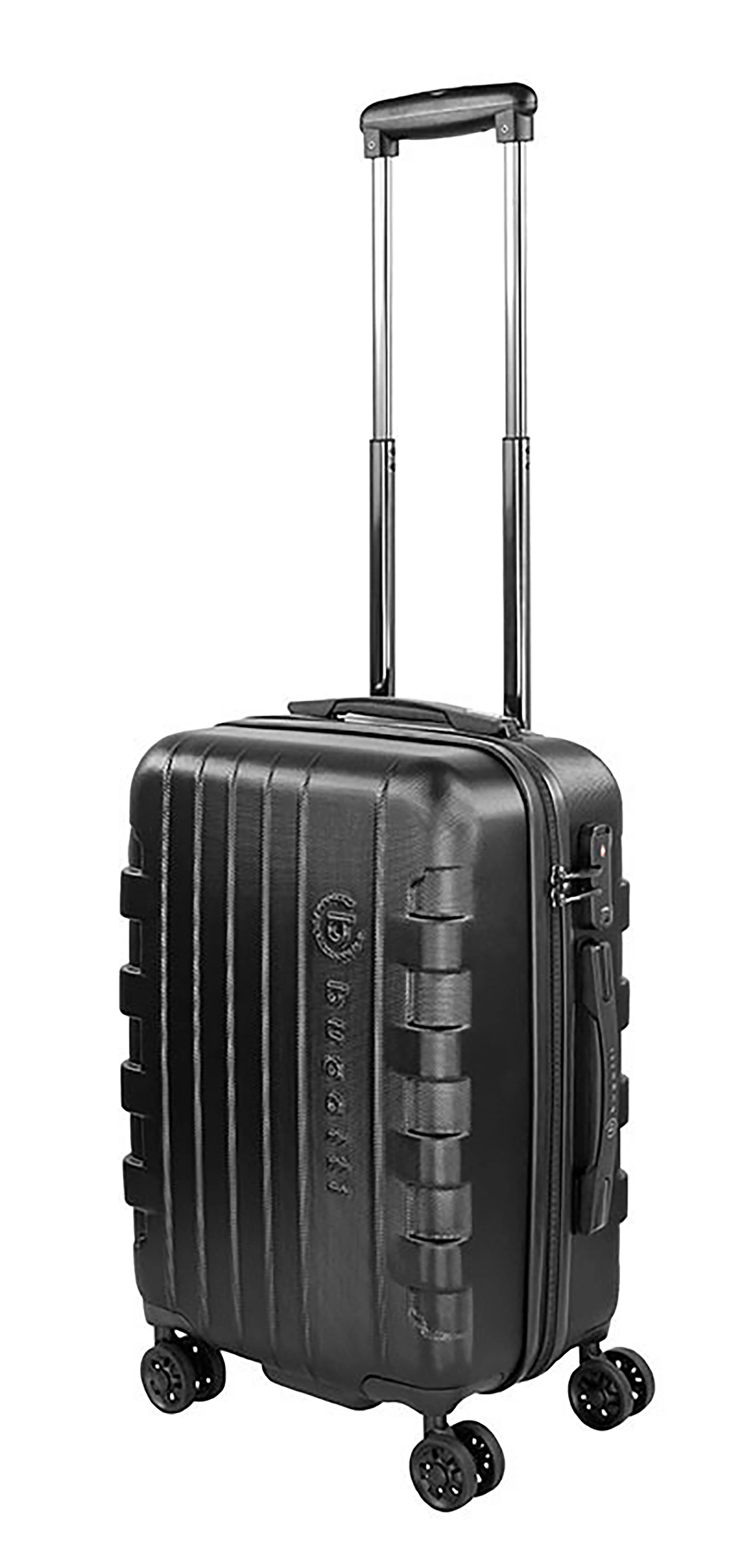 Schwarzer bugatti Hartschalenkoffer mit Teleskopgriff und Rollen, elegantes und robustes Design.