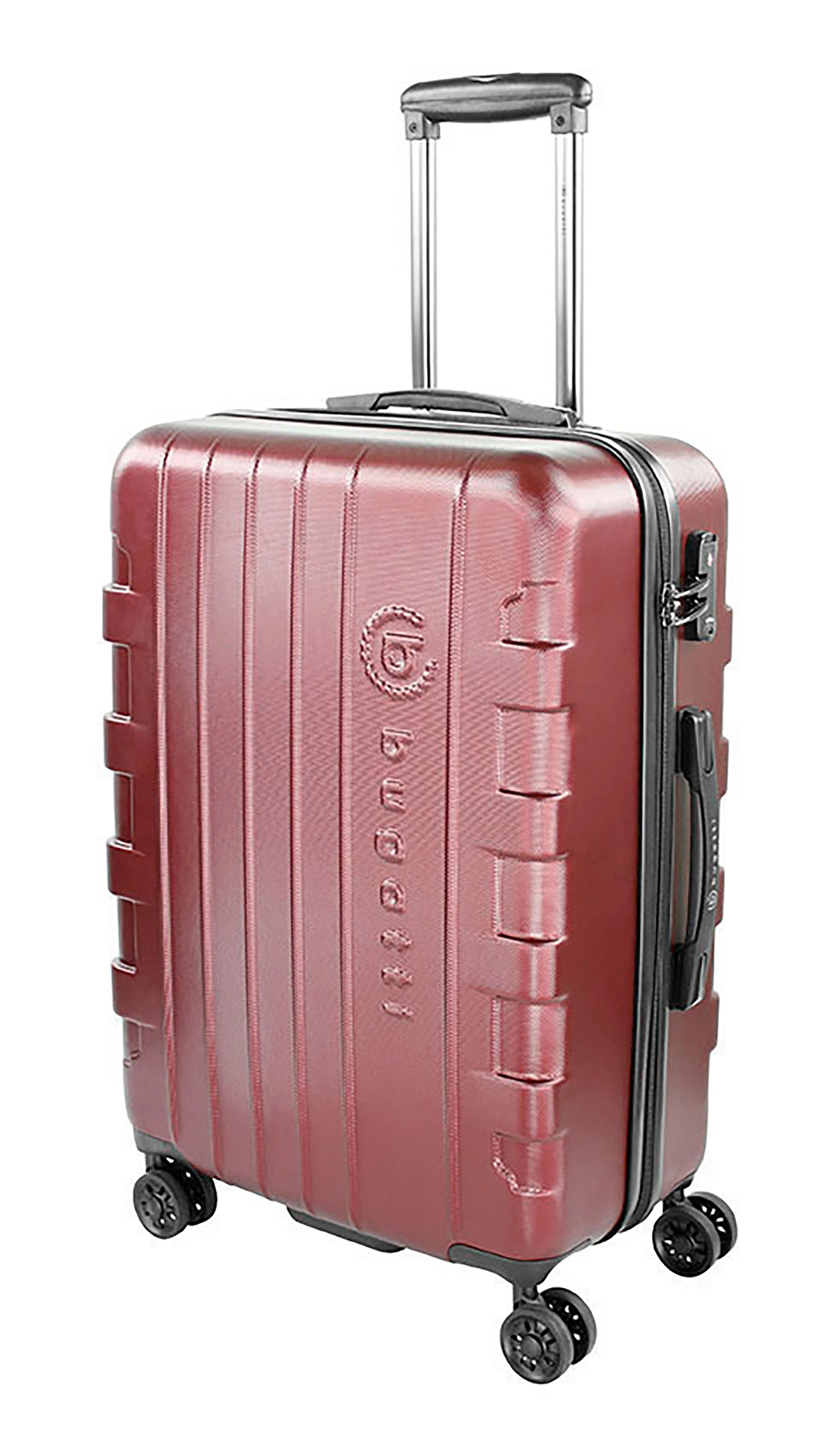 Roter bugatti Koffer mit Rollen, robustes Design, Seitenansicht.