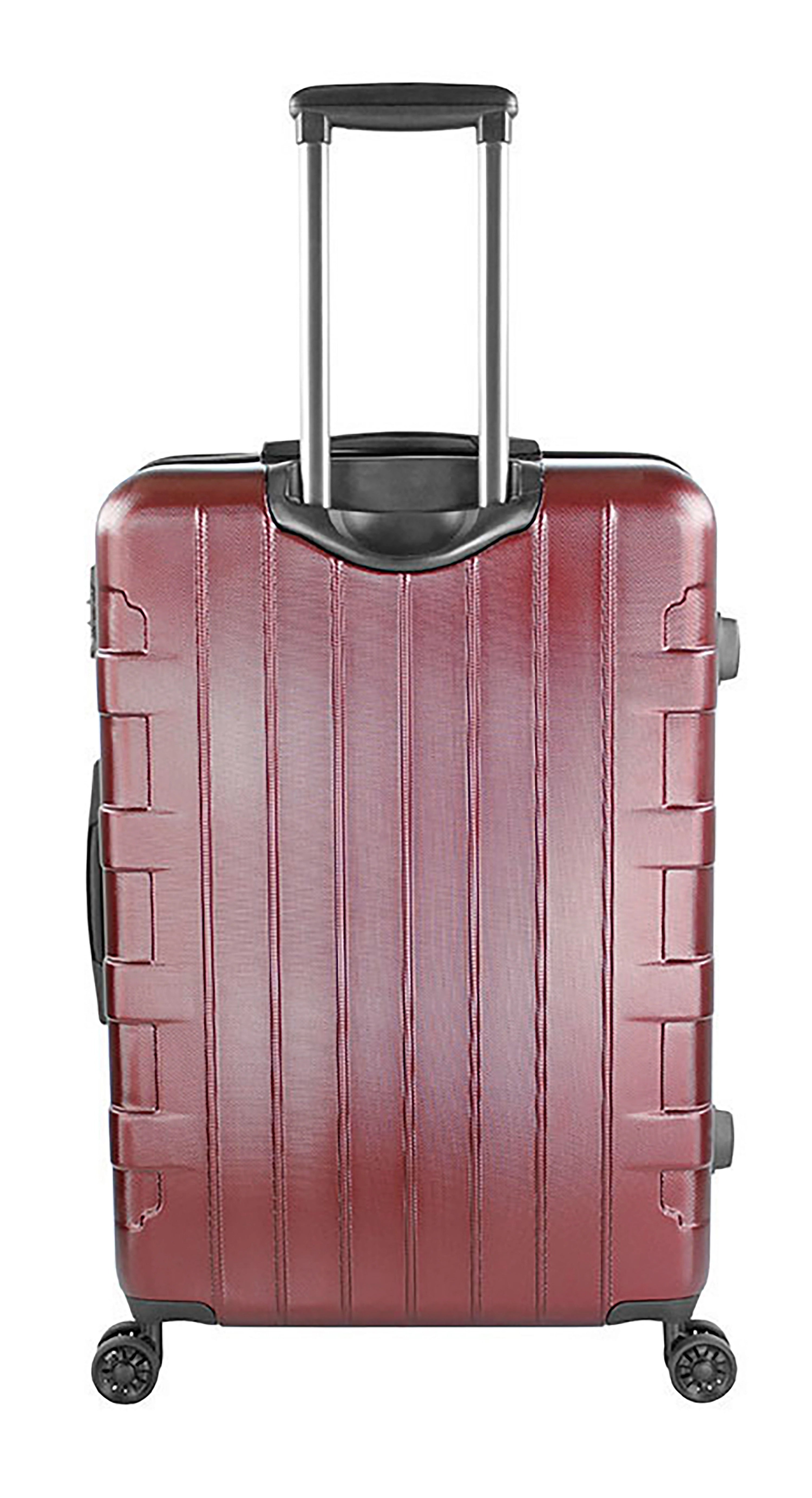 Roter bugatti Koffer mit Rollen, vertikale Streifen, robustes Design für stilvolles Reisen.