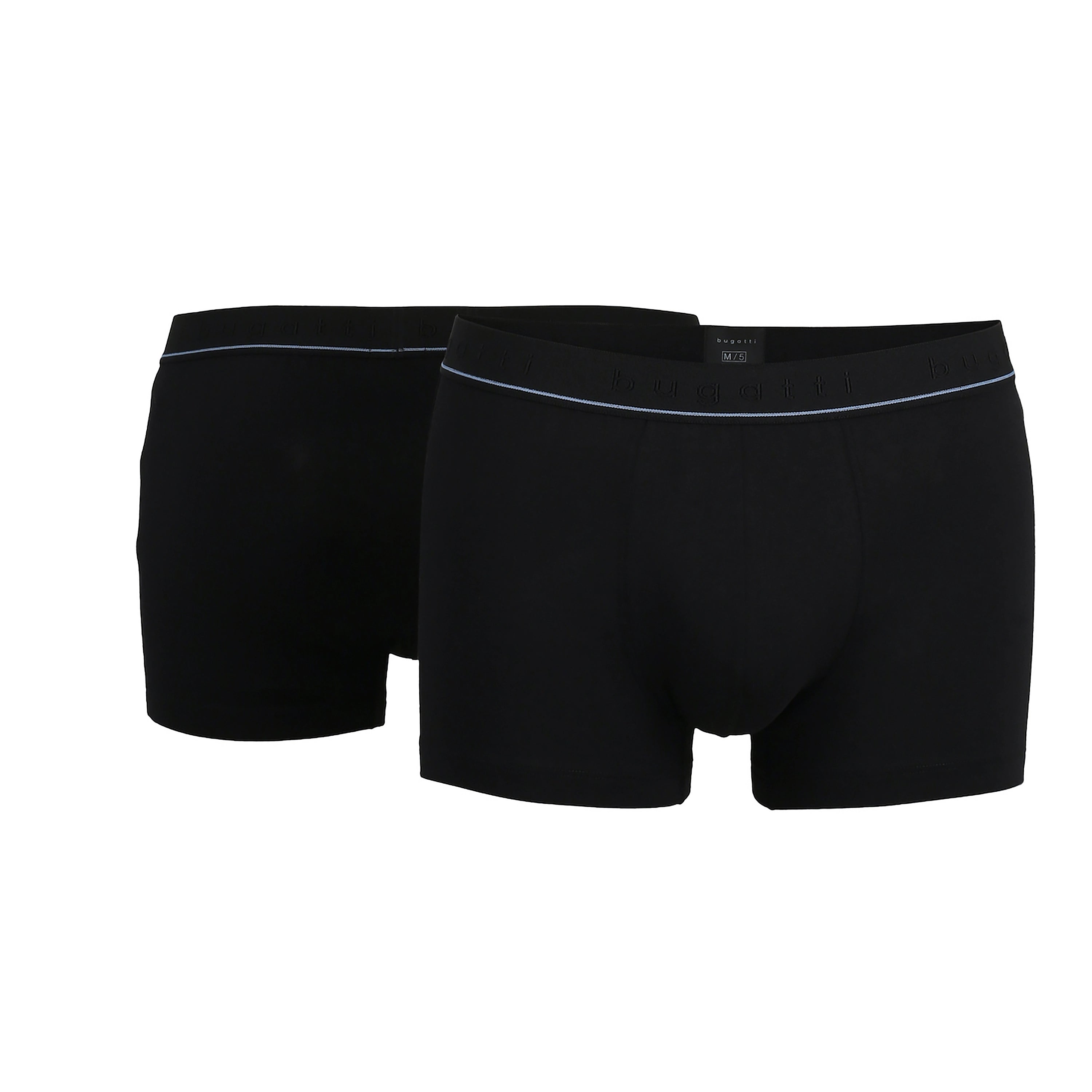 Zwei schwarze bugatti Boxershorts mit blauen Details, Büstenbild.