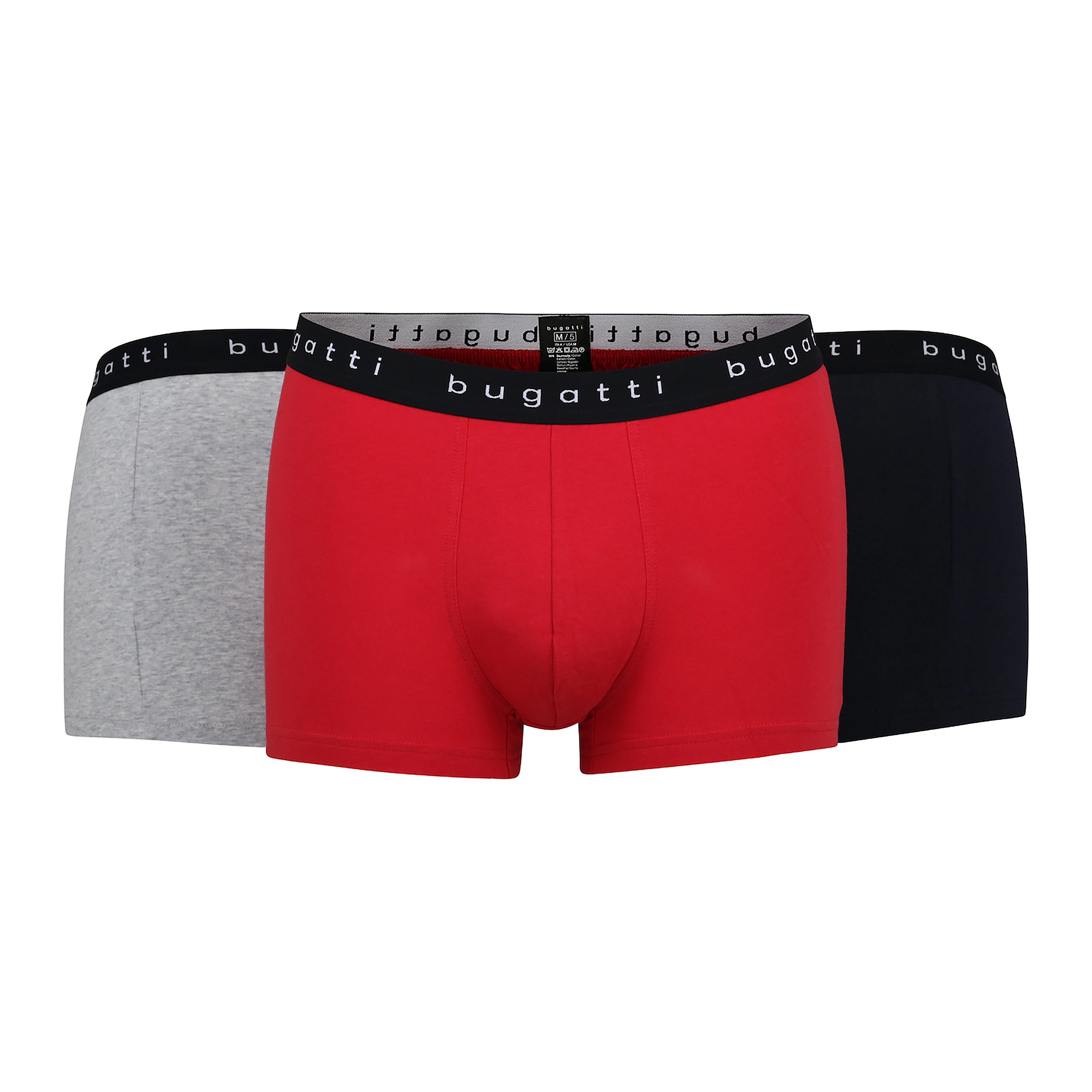 Dreierpack bugatti Boxershorts in Rot, Grau, Schwarz, Büstenbild.