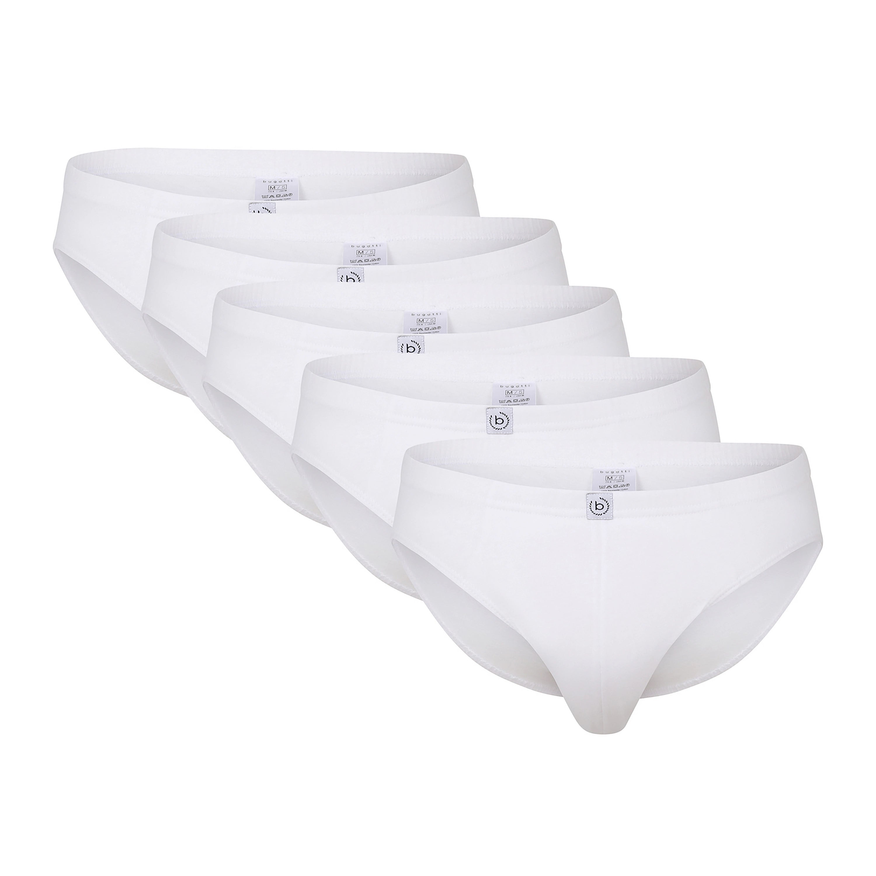 5er-Set bugatti Slips in Weiß, Büstenbild, schlichtes Design.